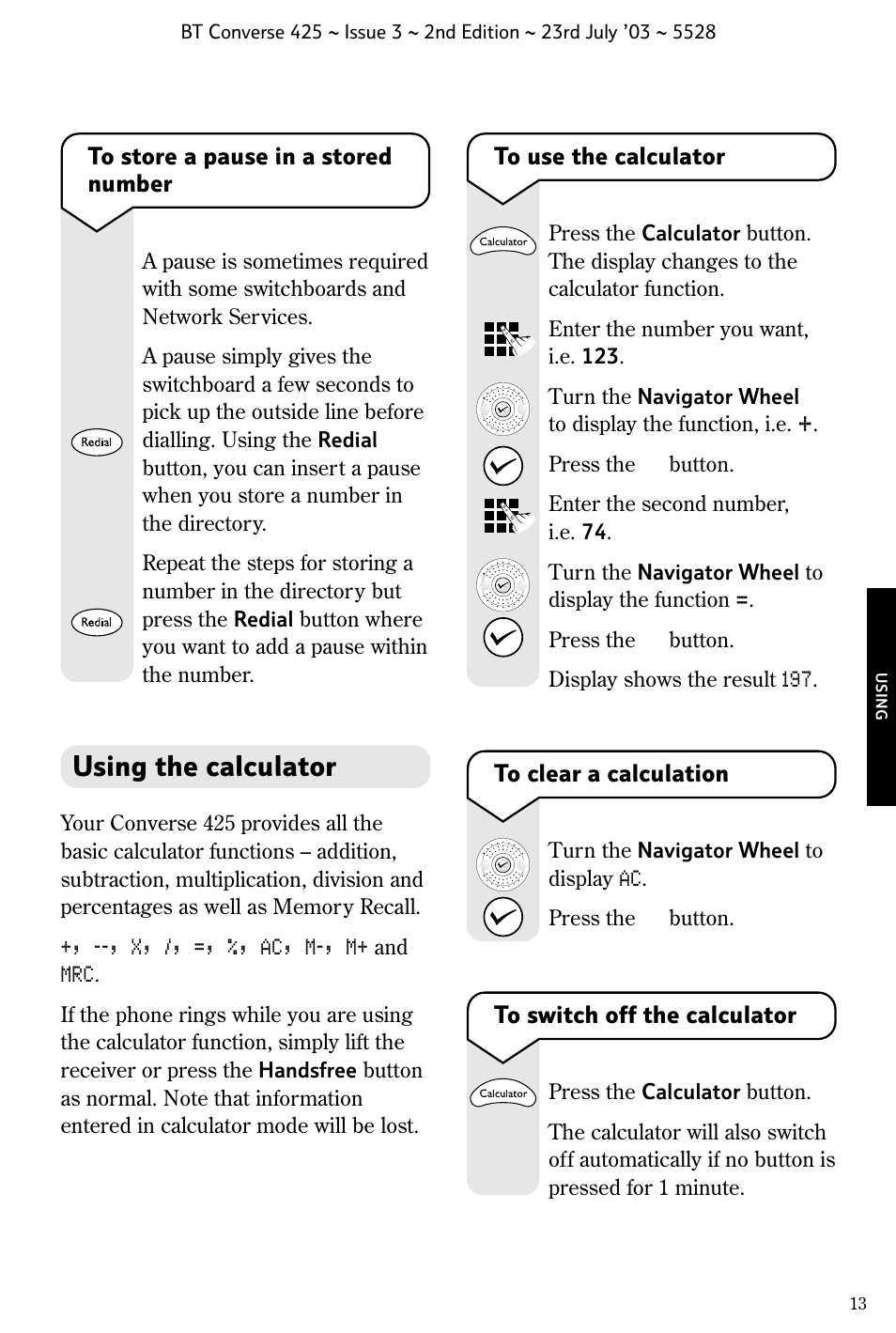 Using the calculator | BT CONVERSE 425 User Manual | Page 14 / 23