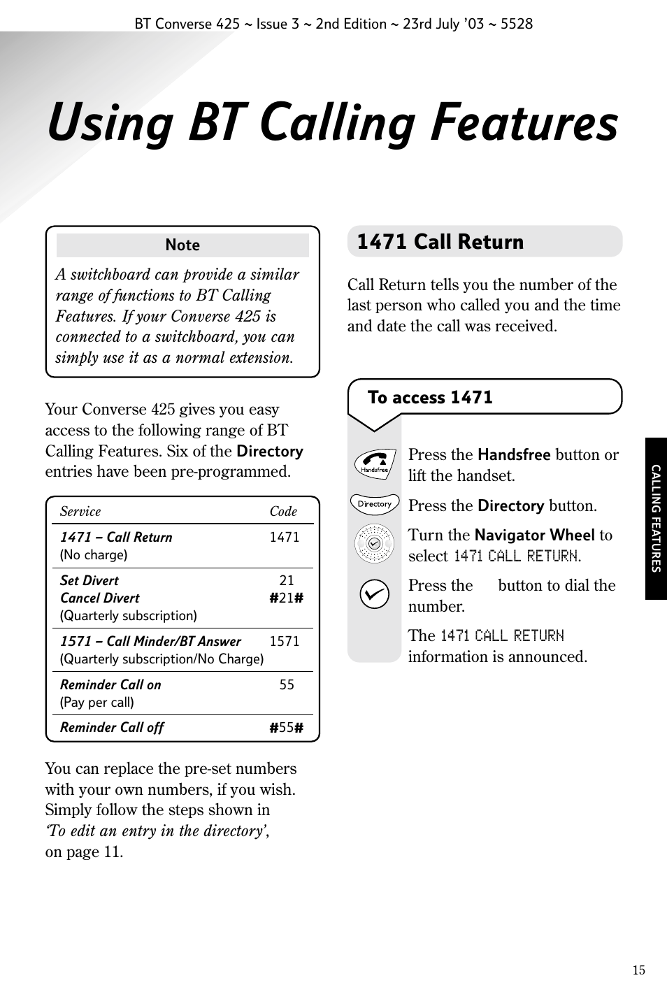 Using bt calling features, 1471 call return | BT CONVERSE 425 User Manual | Page 16 / 23