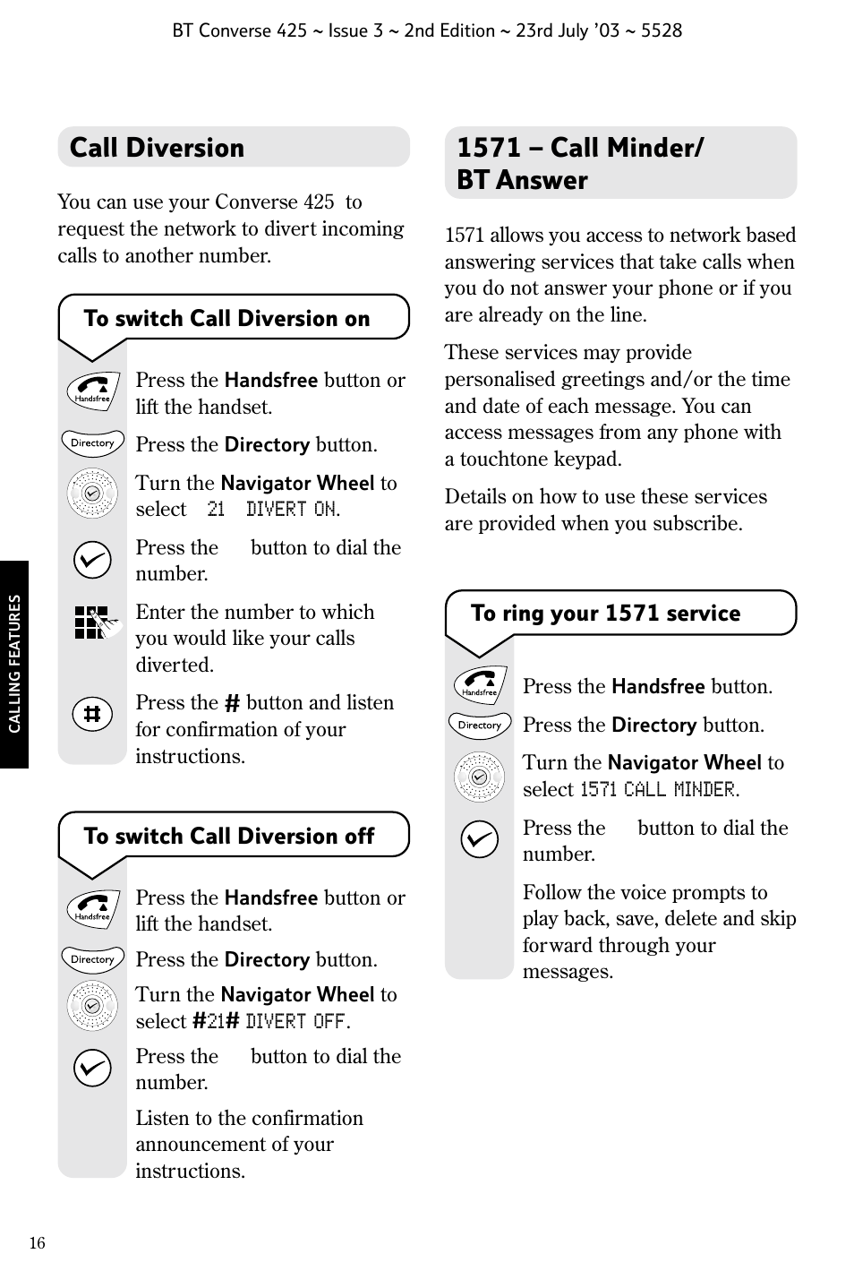 1571 – call minder/ bt answer, Call diversion | BT CONVERSE 425 User Manual | Page 17 / 23