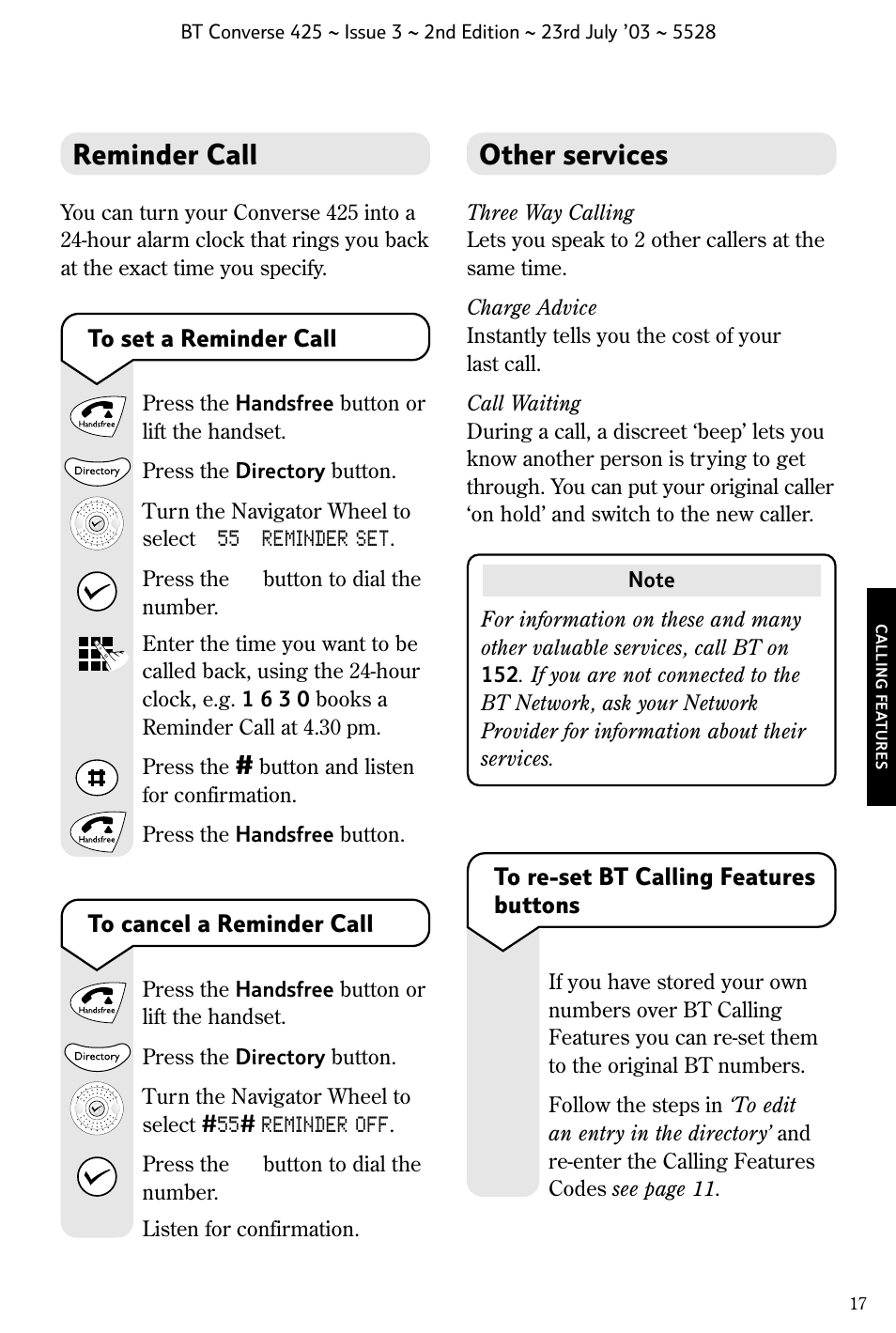 Other services, Reminder call | BT CONVERSE 425 User Manual | Page 18 / 23