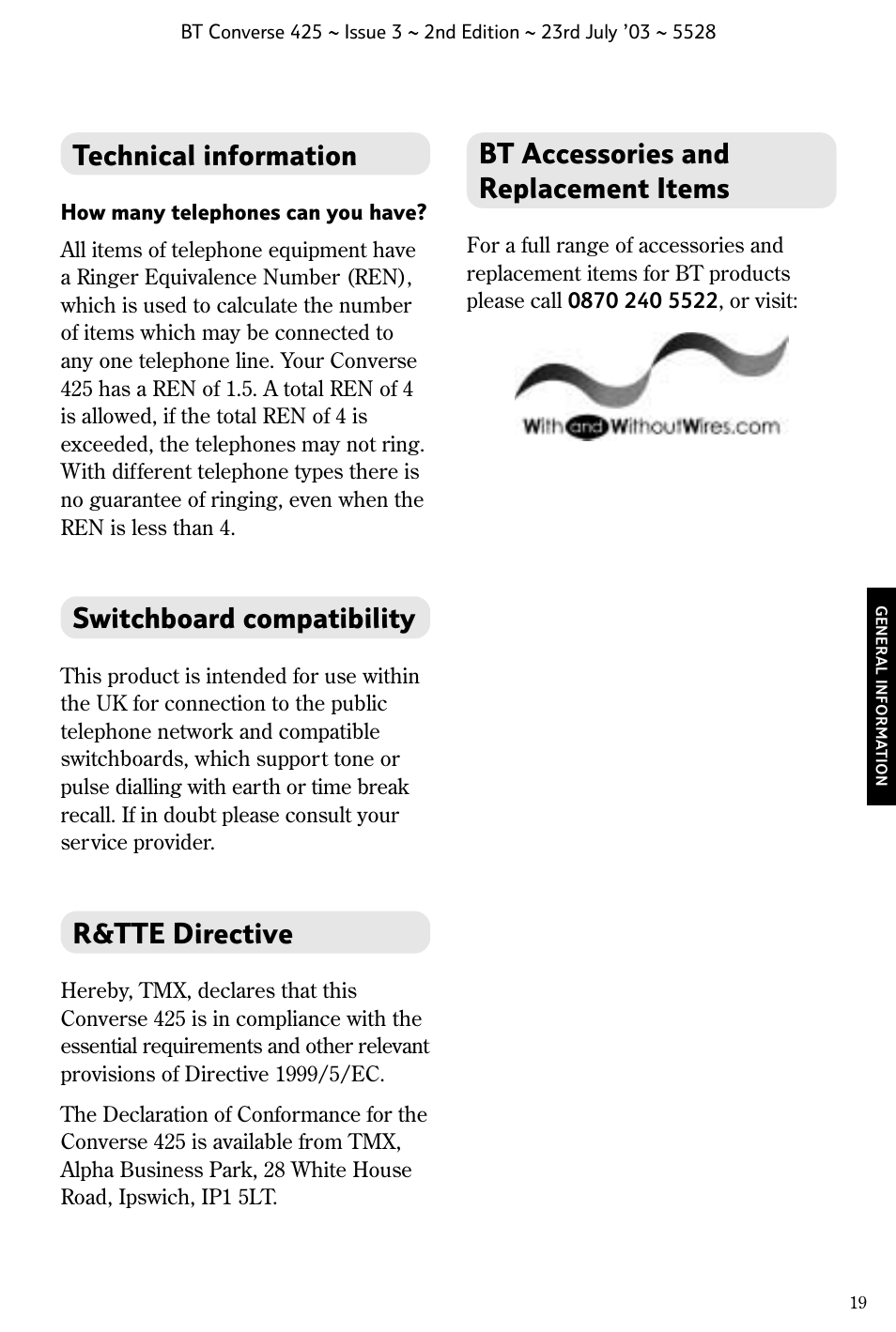 Technical information, Switchboard compatibility, R&tte directive | Bt accessories and replacement items | BT CONVERSE 425 User Manual | Page 20 / 23