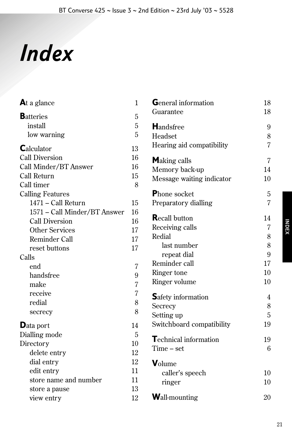 Index | BT CONVERSE 425 User Manual | Page 22 / 23