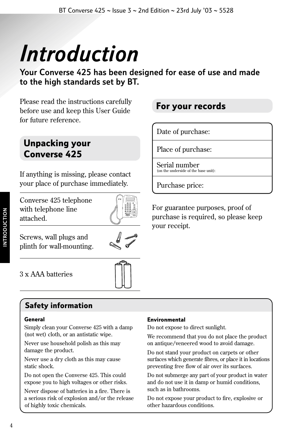 Introduction, Unpacking your converse 425 for your records | BT CONVERSE 425 User Manual | Page 5 / 23