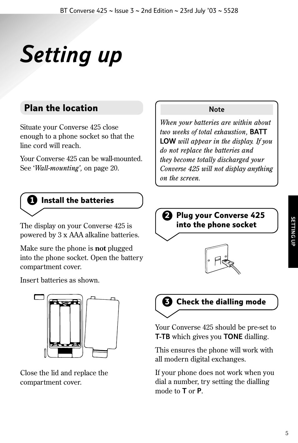 Setting up, Plan the location | BT CONVERSE 425 User Manual | Page 6 / 23