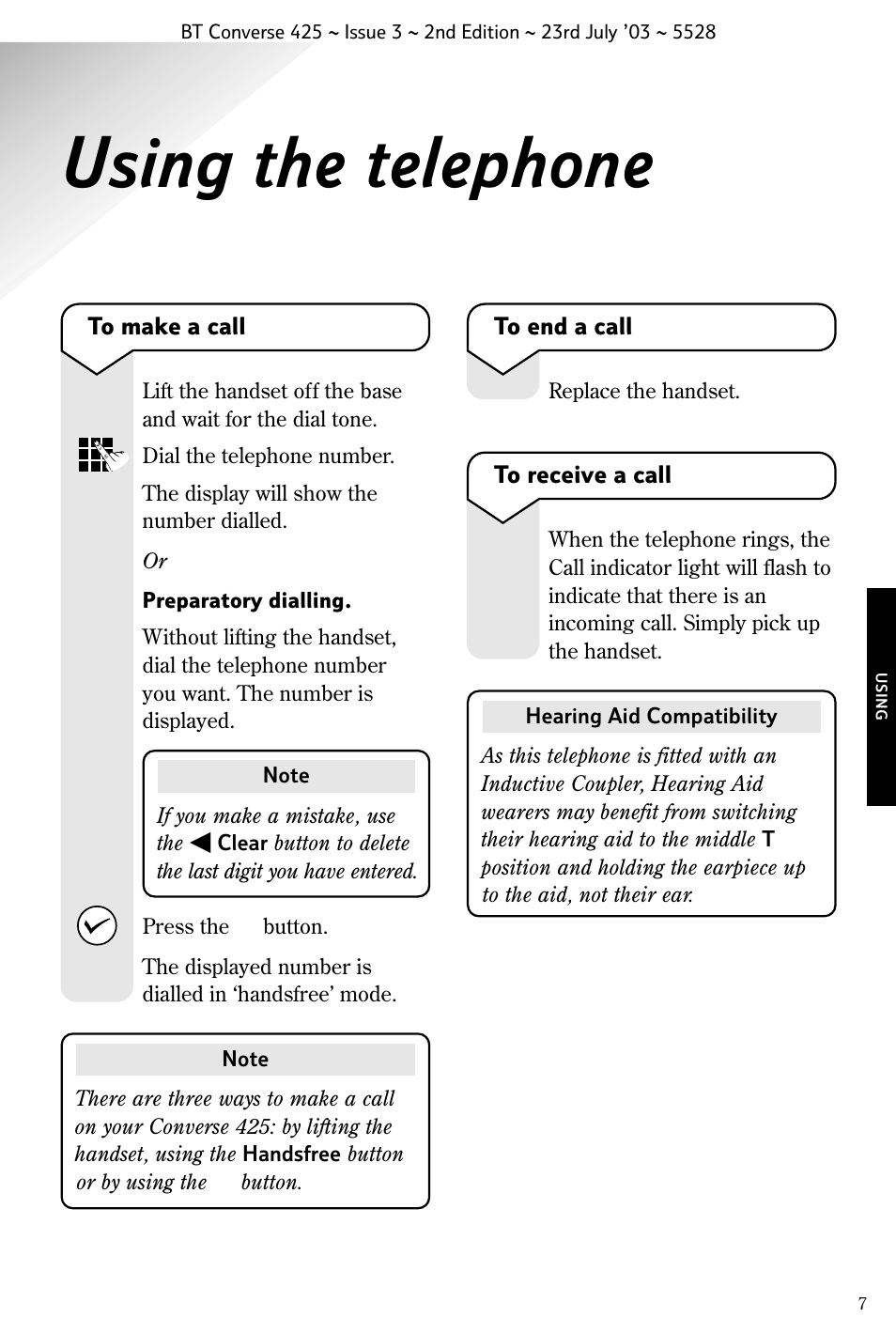 Using the telephone | BT CONVERSE 425 User Manual | Page 8 / 23