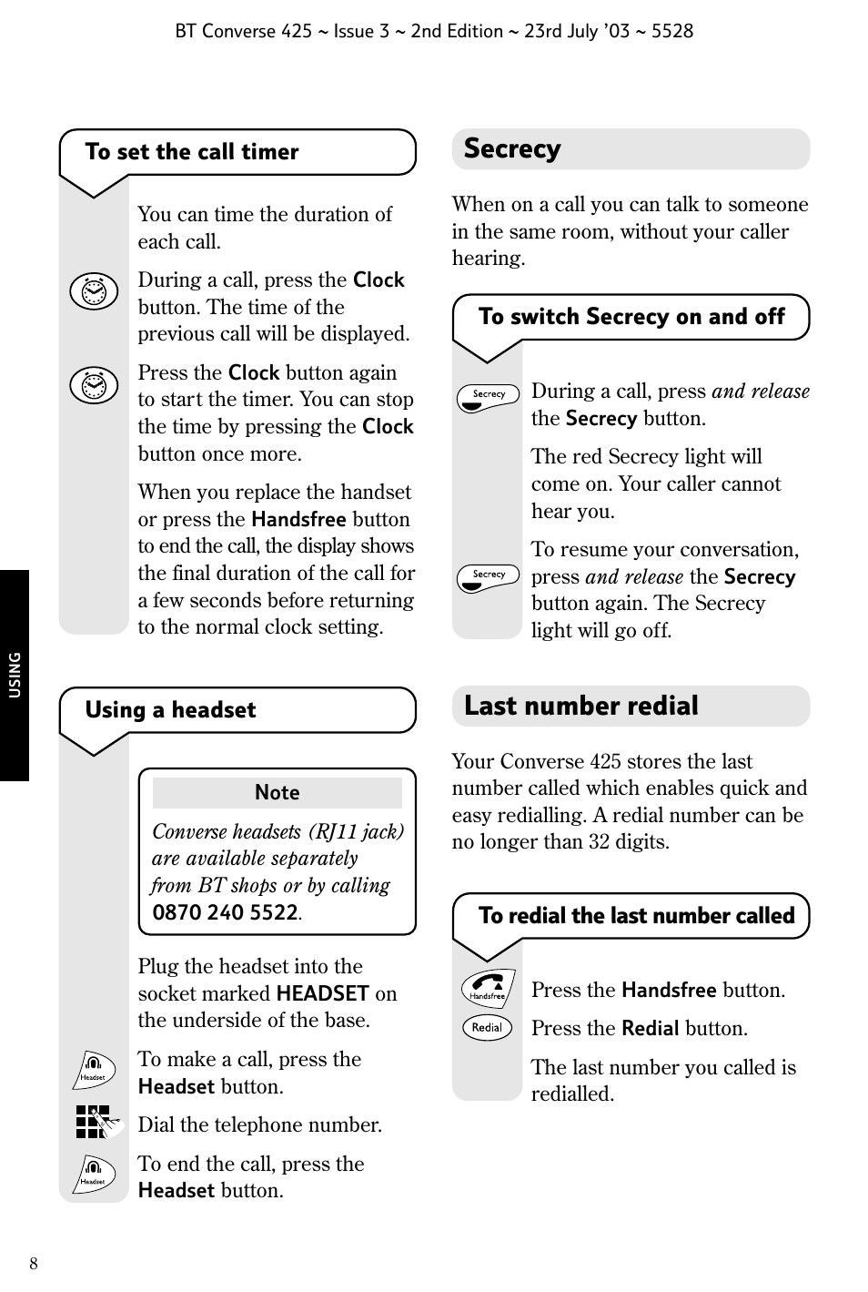 Secrecy, Last number redial | BT CONVERSE 425 User Manual | Page 9 / 23