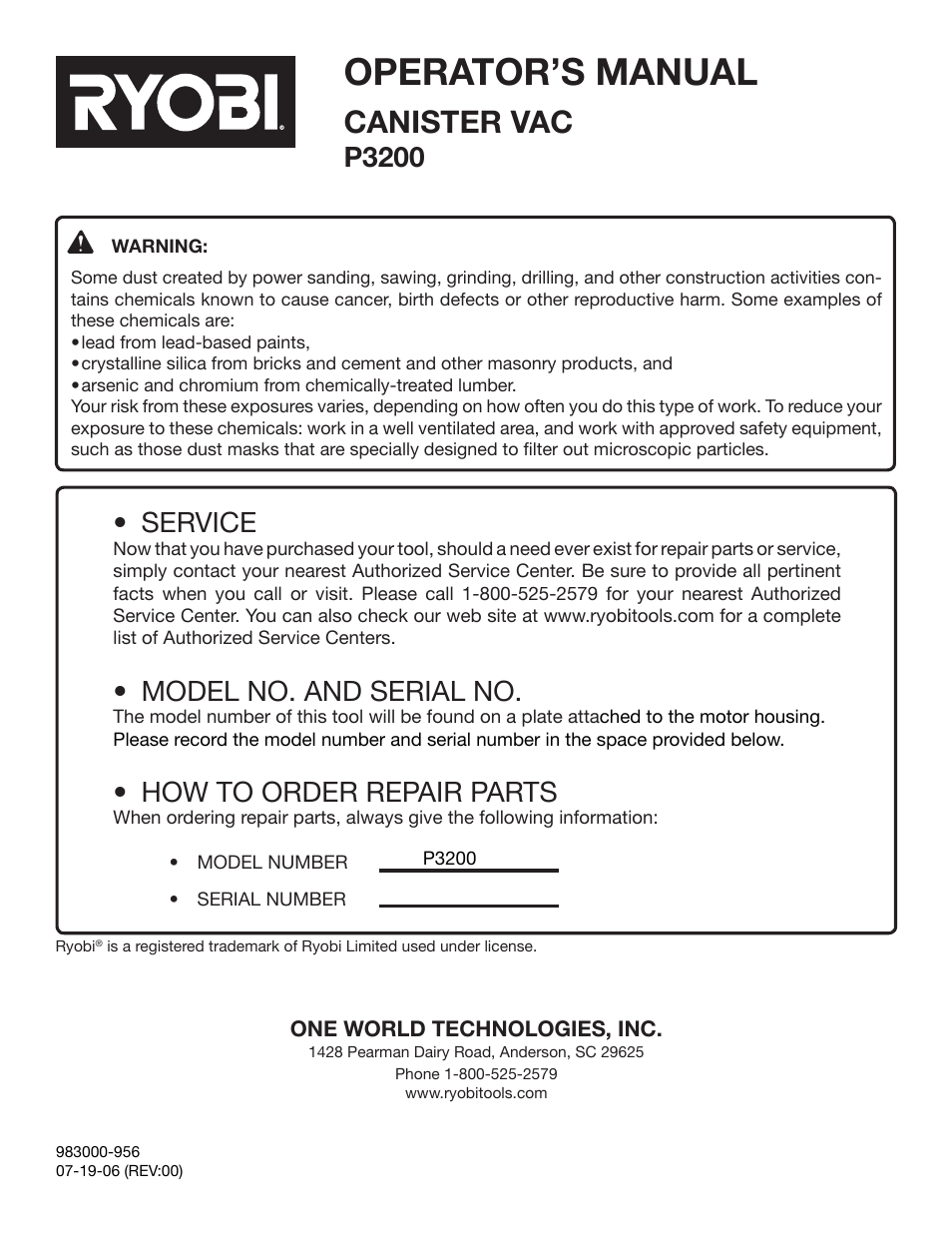 Operator’s manual, Canister vac, P3200 | Service, Model no. and serial no, How to order repair parts | Ryobi P3200 User Manual | Page 16 / 16