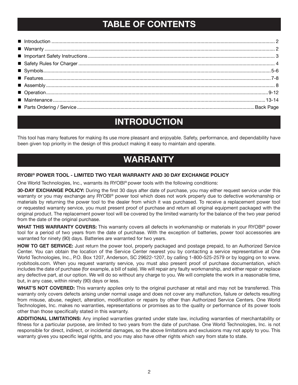 Table of contents introduction, Warranty | Ryobi P3200 User Manual | Page 2 / 16