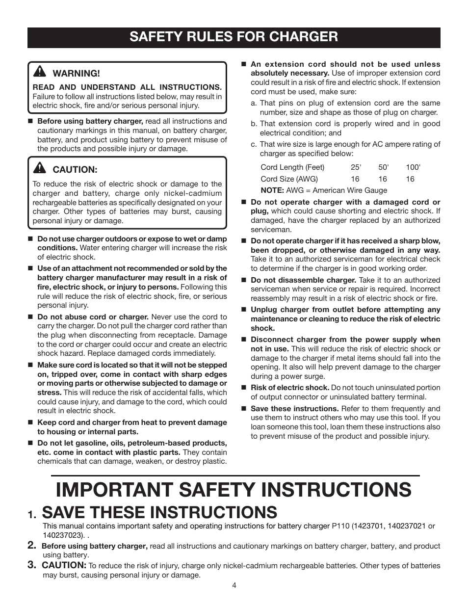 Important safety instructions, Save these instructions, Safety rules for charger | Ryobi P3200 User Manual | Page 4 / 16