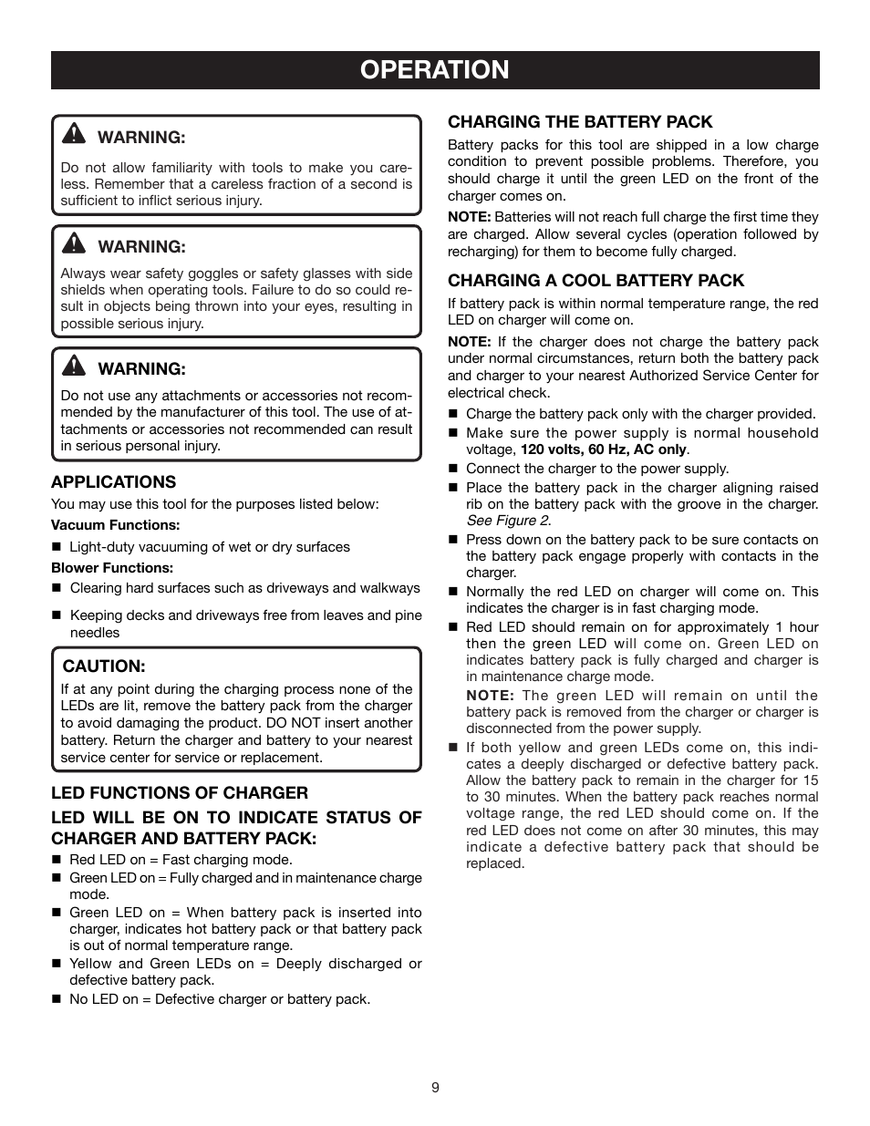 Operation | Ryobi P3200 User Manual | Page 9 / 16