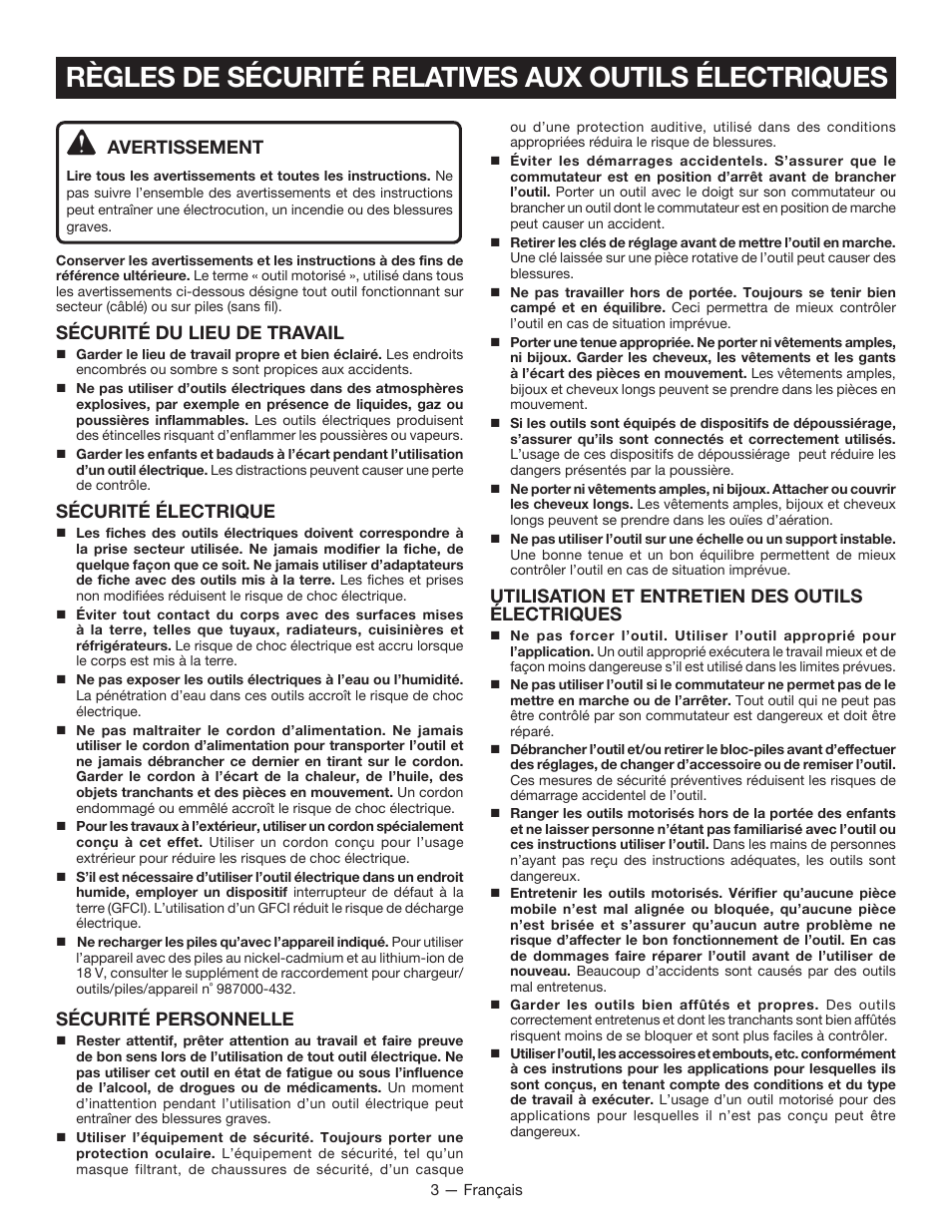 Avertissement, Sécurité du lieu de travail, Sécurité électrique | Sécurité personnelle, Utilisation et entretien des outils électriques | Ryobi P310 User Manual | Page 11 / 28