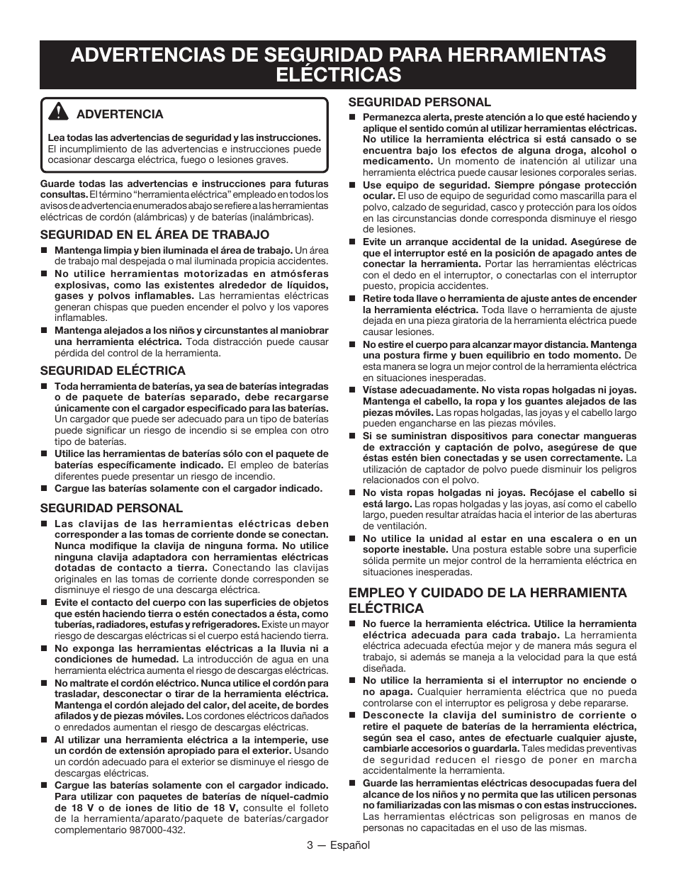 Empleo y cuidado de la herramienta eléctrica | Ryobi P310 User Manual | Page 19 / 28