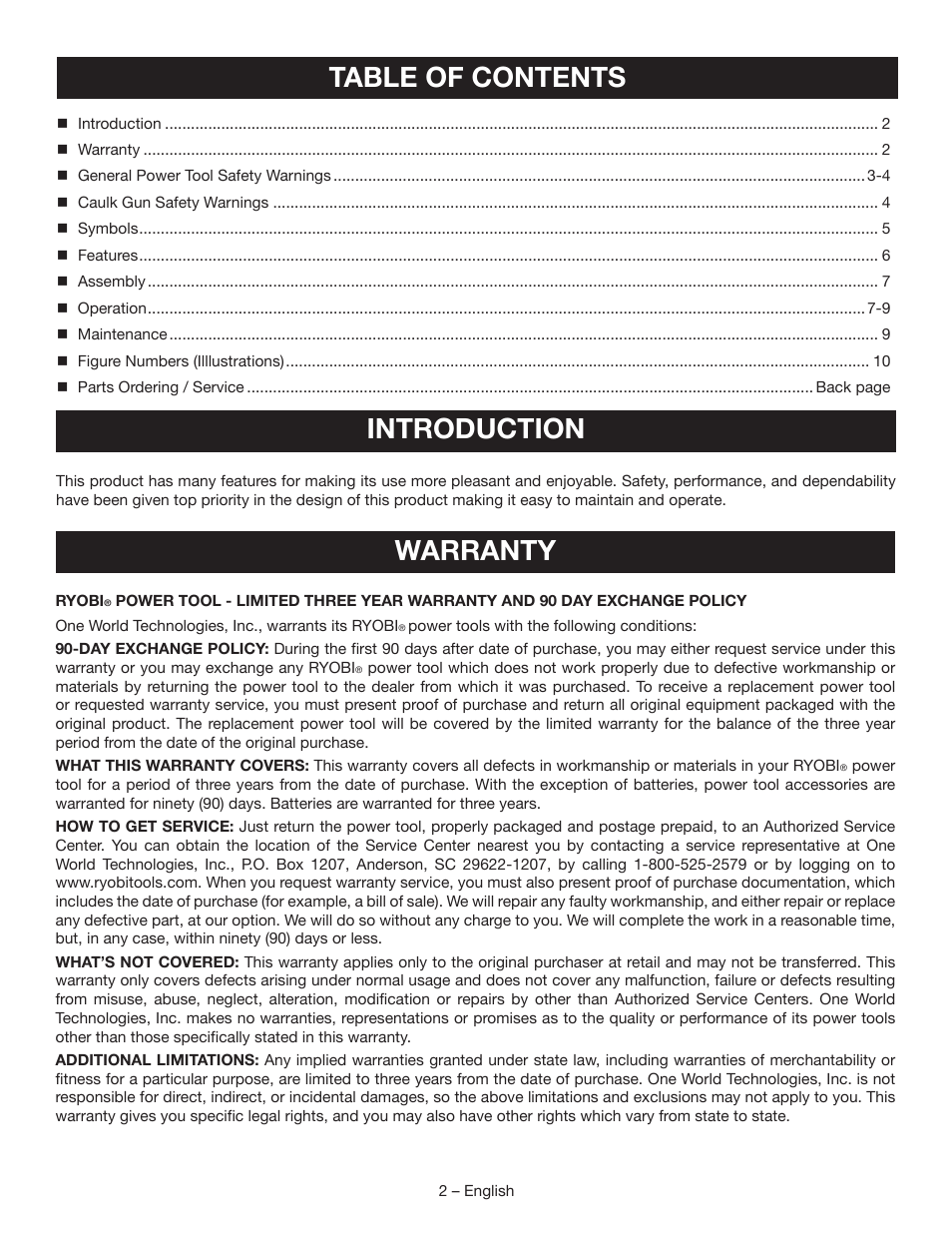 Table of contents introduction, Warranty | Ryobi P310 User Manual | Page 2 / 28