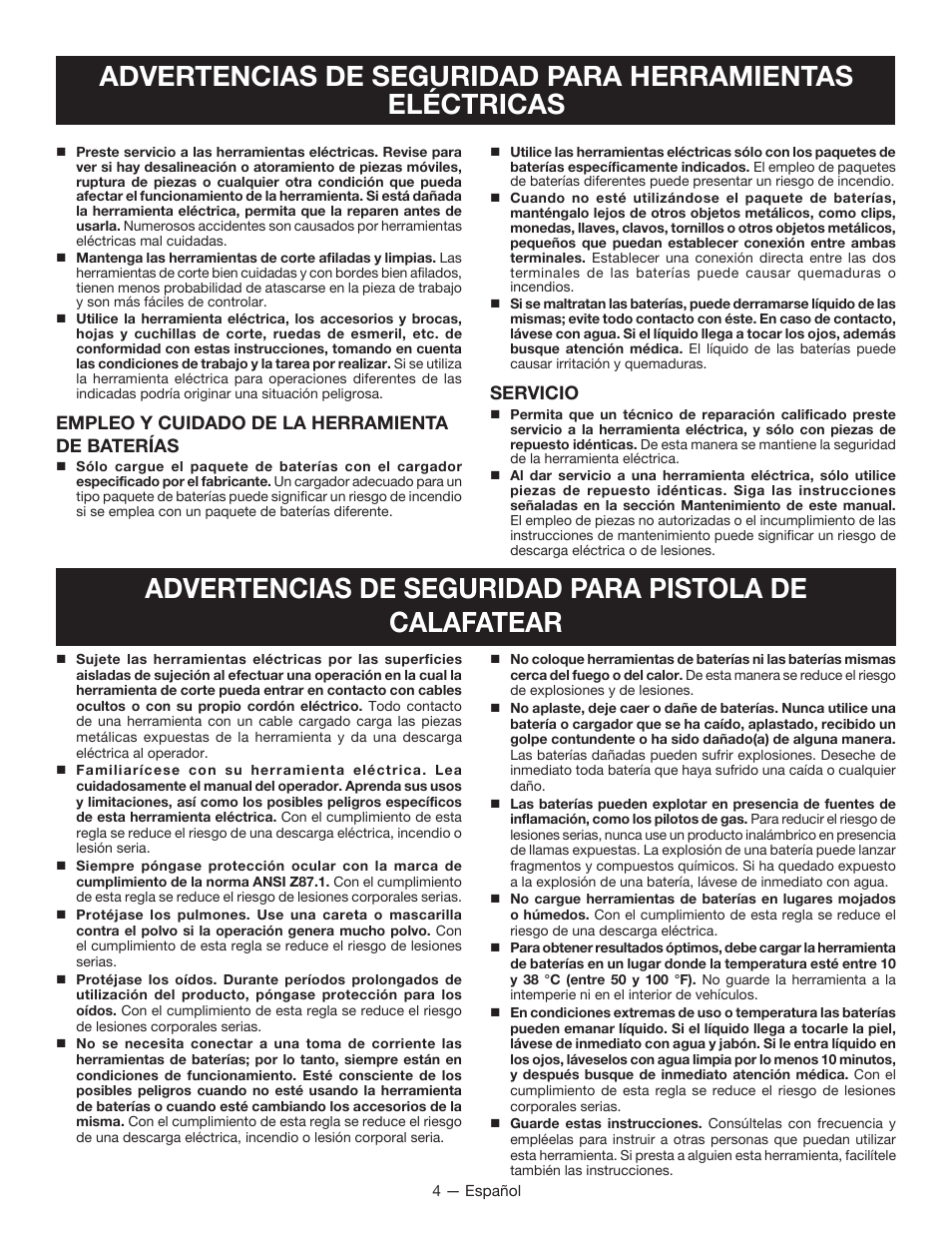 Servicio, Empleo y cuidado de la herramienta de baterías | Ryobi P310 User Manual | Page 20 / 28