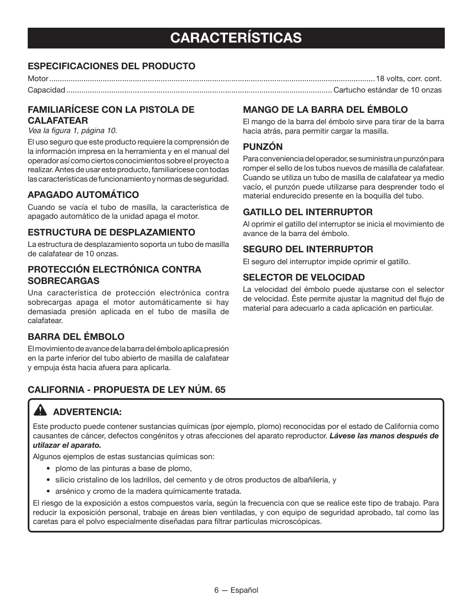 Características | Ryobi P310 User Manual | Page 22 / 28