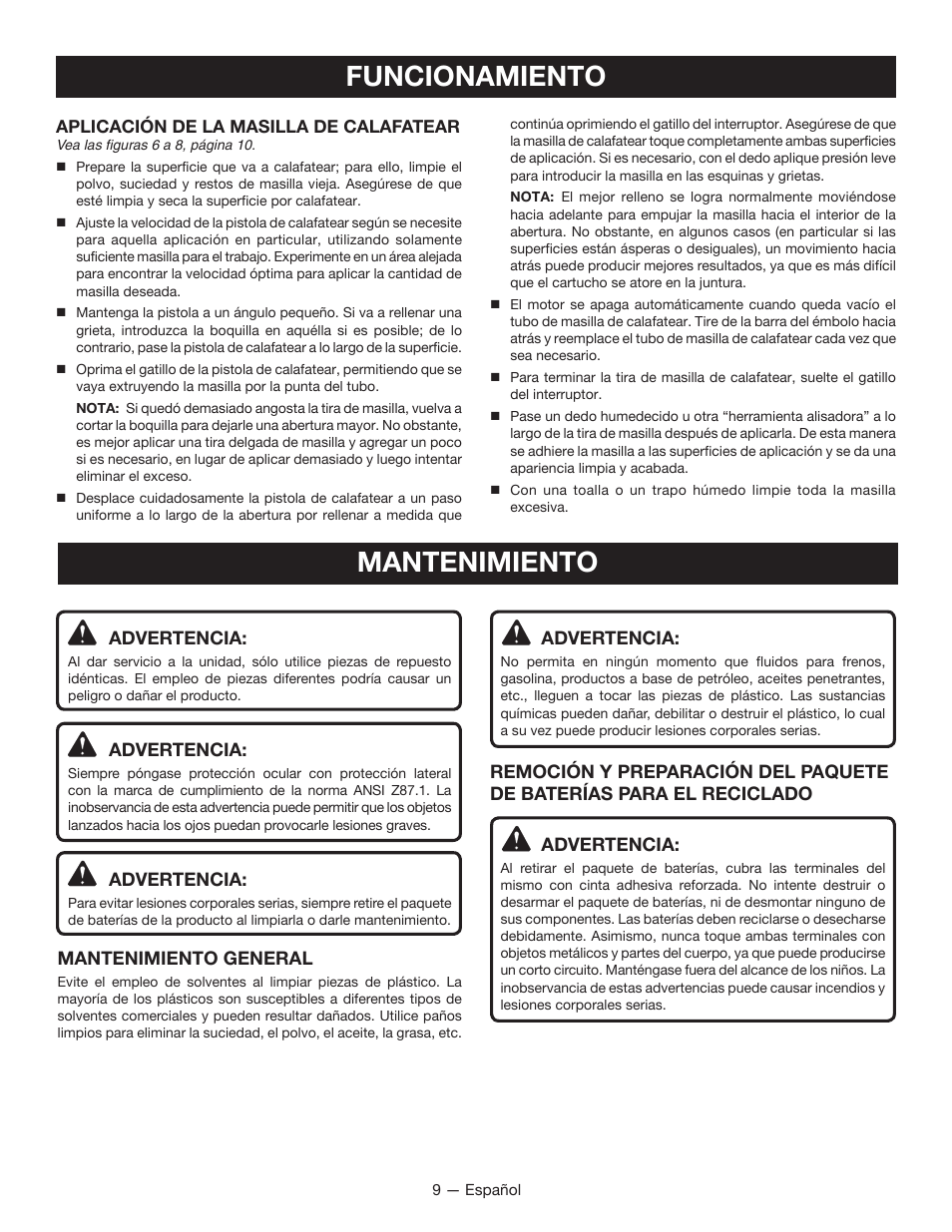 Funcionamiento, Mantenimiento | Ryobi P310 User Manual | Page 25 / 28