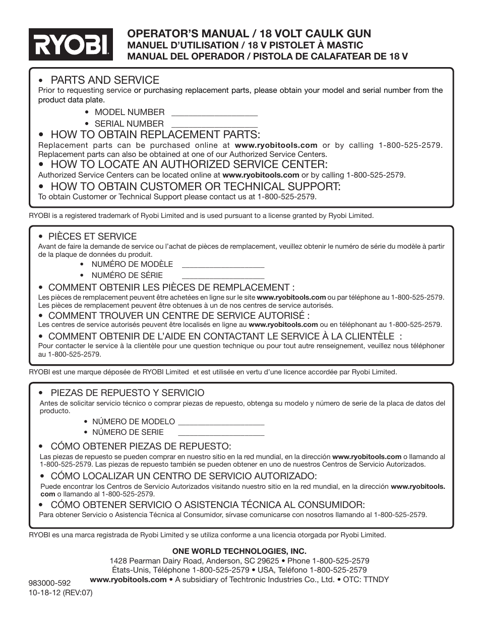 Parts and service, How to obtain replacement parts, How to locate an authorized service center | How to obtain customer or technical support, Operator’s manual / 18 volt caulk gun | Ryobi P310 User Manual | Page 28 / 28