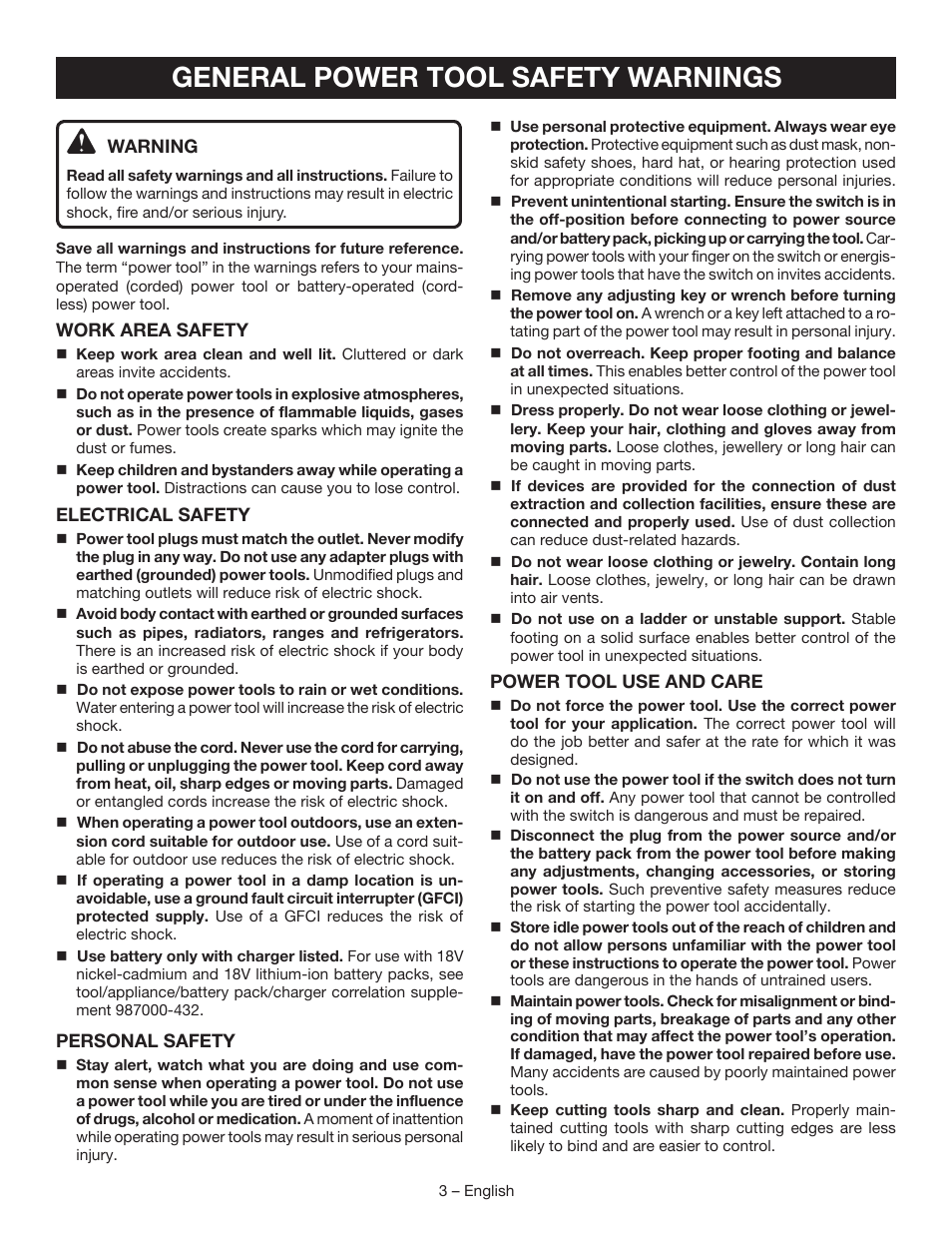 General power tool safety warnings | Ryobi P310 User Manual | Page 3 / 28