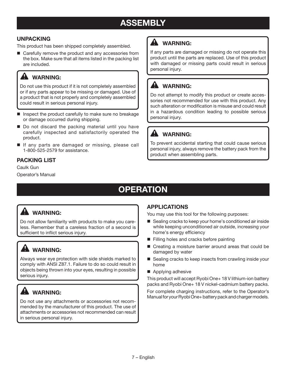 Assembly, Operation | Ryobi P310 User Manual | Page 7 / 28