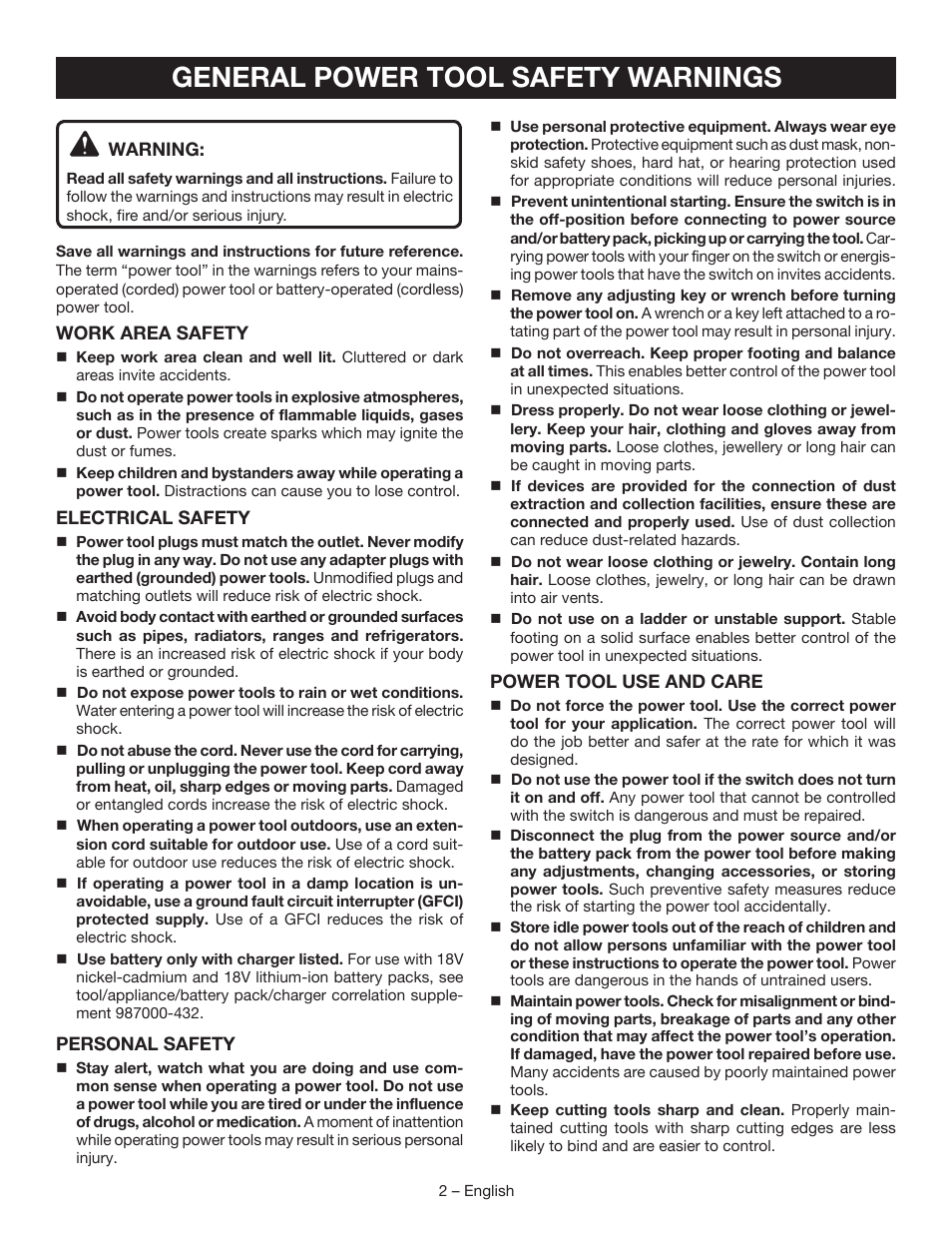 General power tool safety warnings | Ryobi P310G User Manual | Page 2 / 24