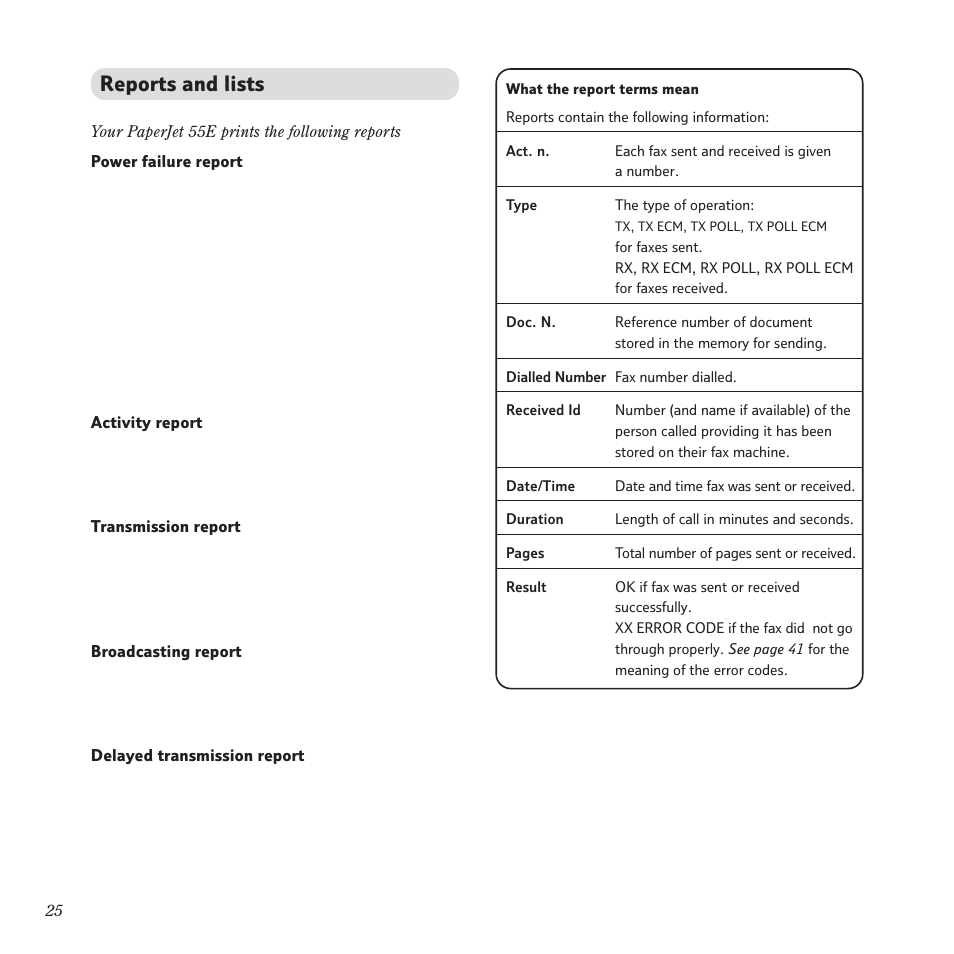Reports and lists | BT PaperJet 55E User Manual | Page 25 / 54