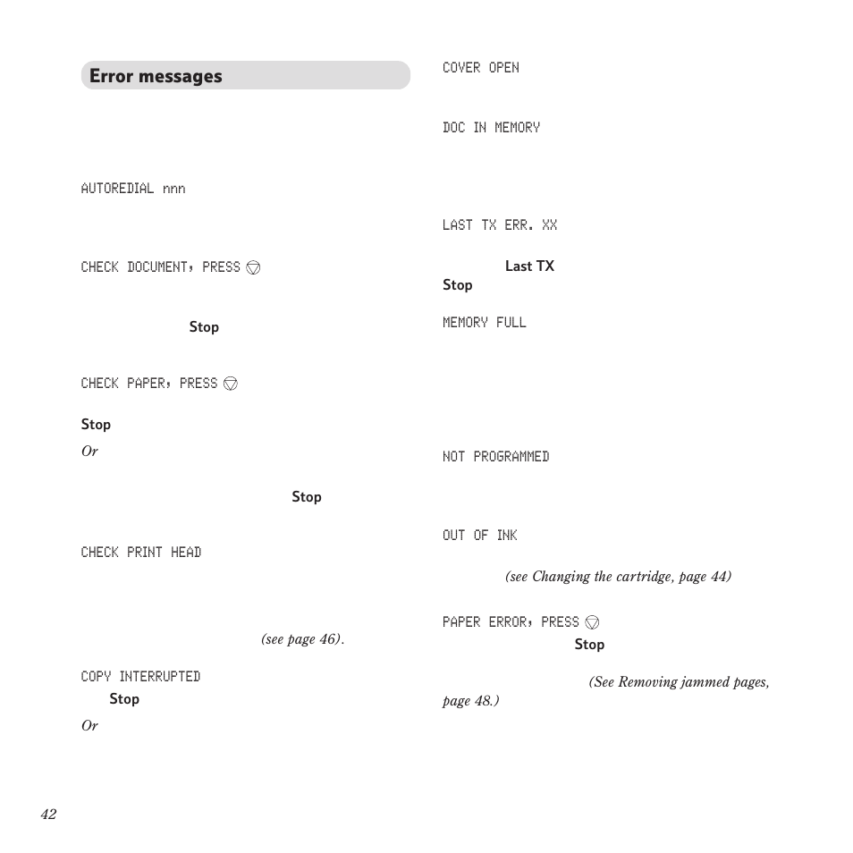Error messages | BT PaperJet 55E User Manual | Page 42 / 54