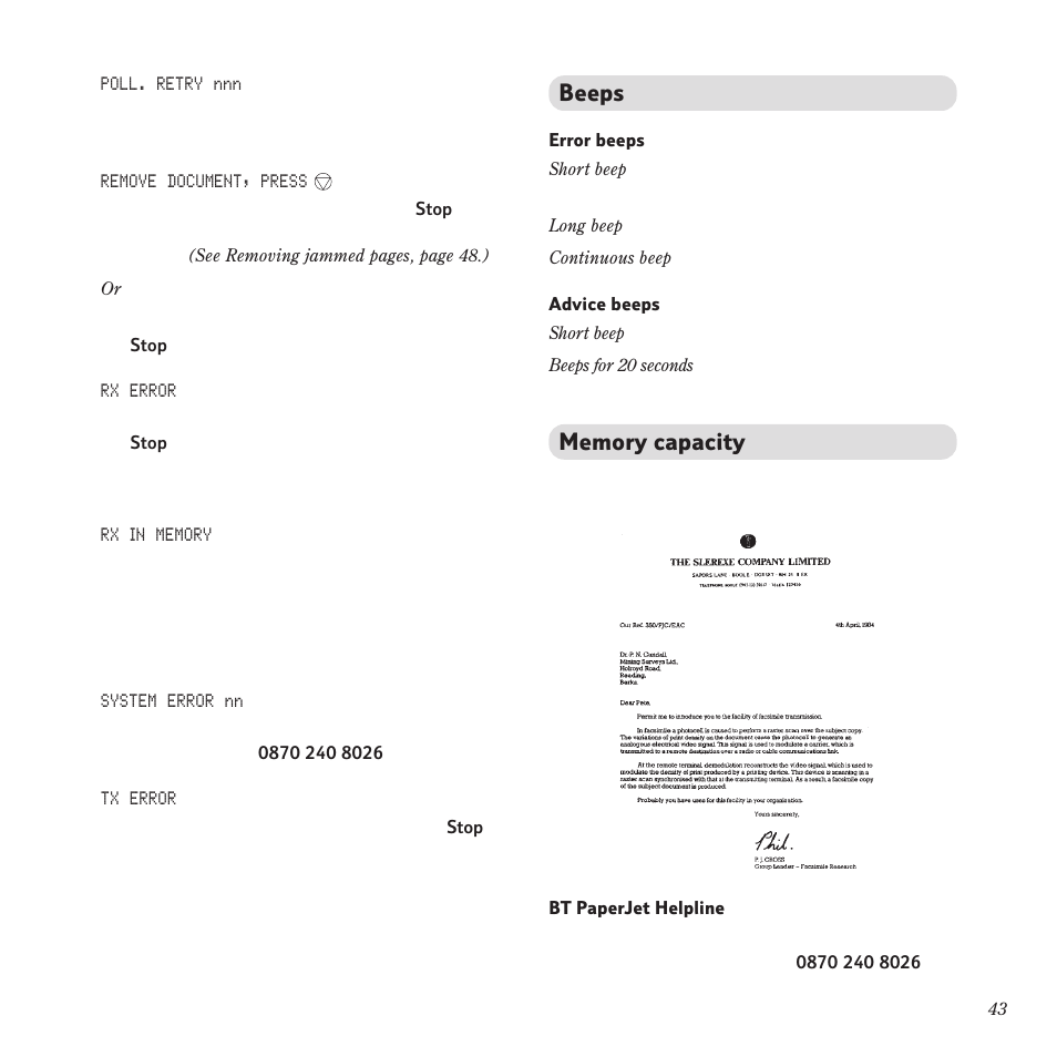 Beeps | BT PaperJet 55E User Manual | Page 43 / 54