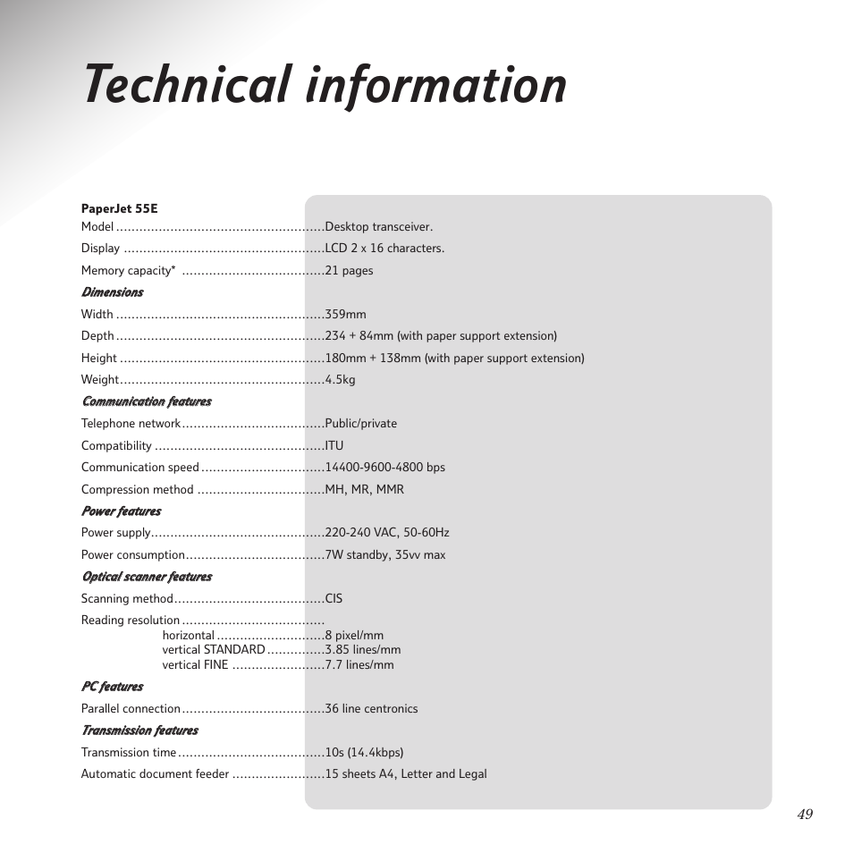 Technical information | BT PaperJet 55E User Manual | Page 49 / 54