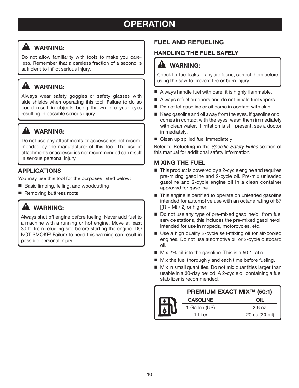 Operation, Fuel and refueling | Ryobi RY10532 User Manual | Page 10 / 38