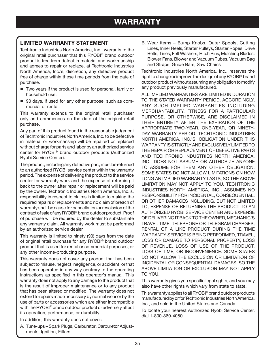 Warranty, Limited warranty statement | Ryobi RY10532 User Manual | Page 35 / 38