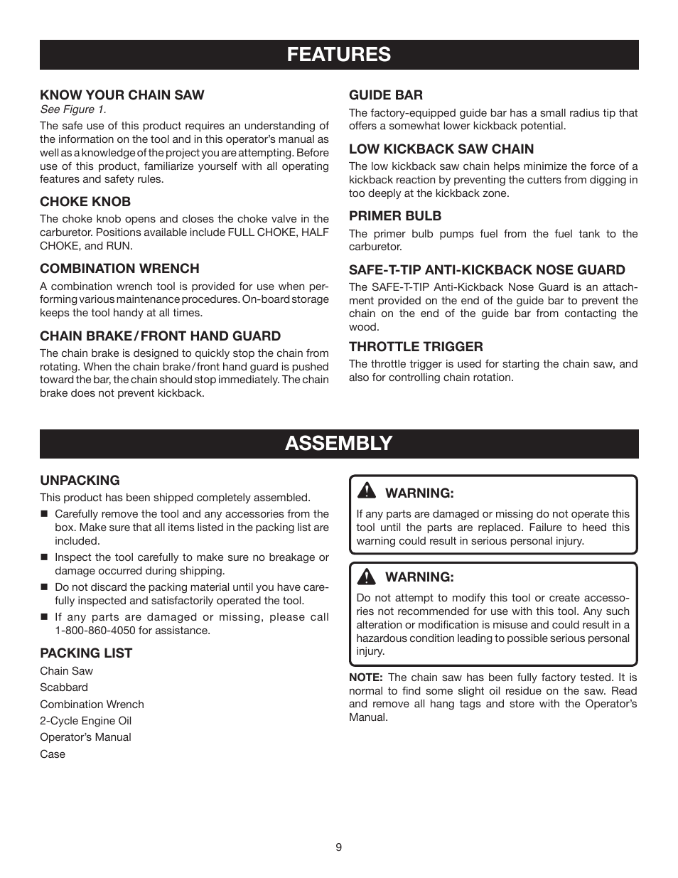 Features assembly | Ryobi RY10532 User Manual | Page 9 / 38