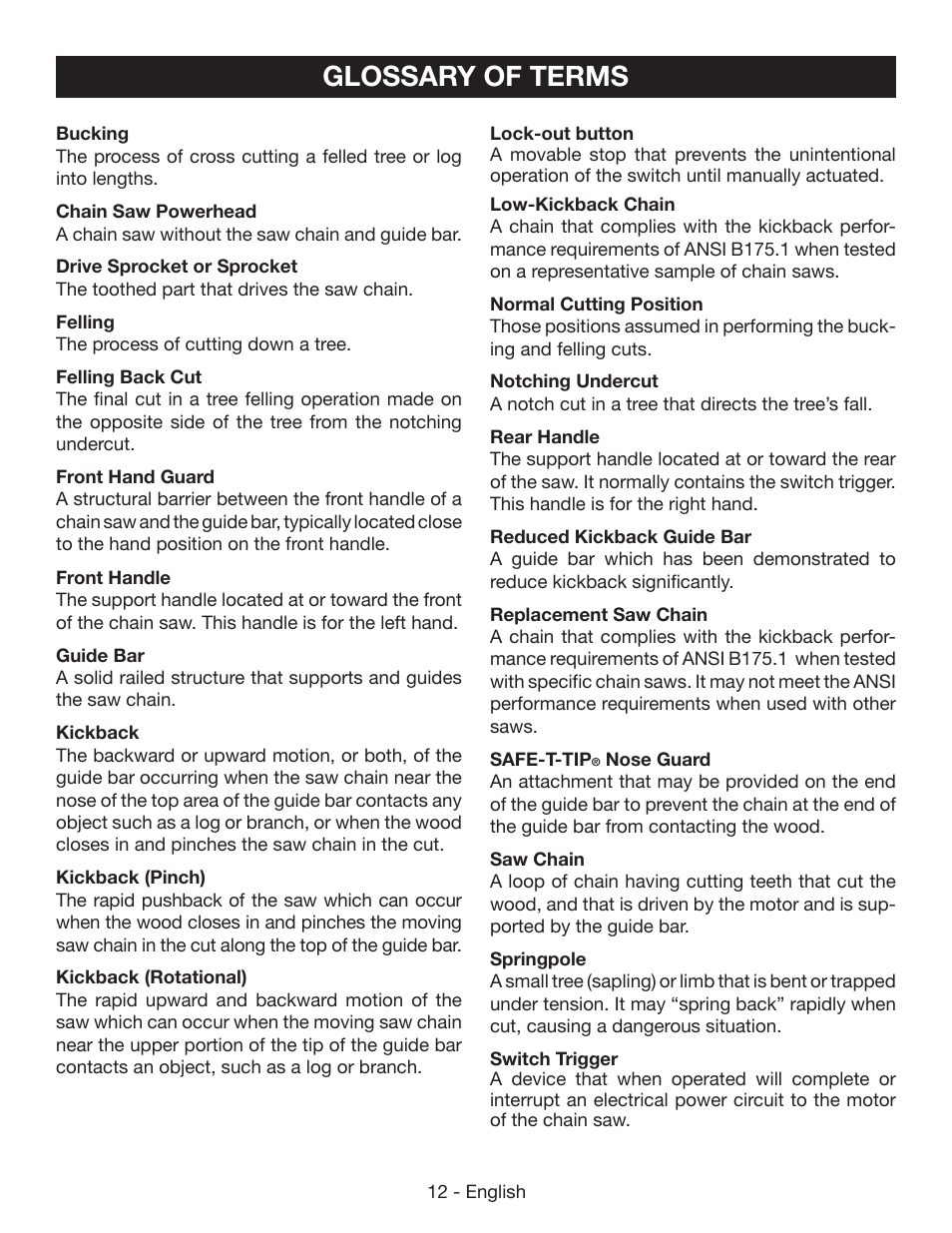 Glossary of terms | Ryobi RY40500 User Manual | Page 12 / 96