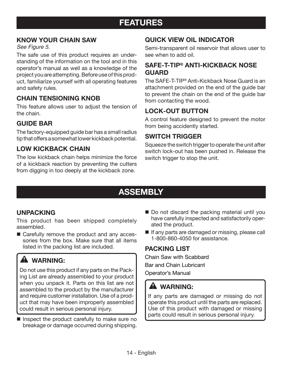 Features, Assembly | Ryobi RY40500 User Manual | Page 14 / 96