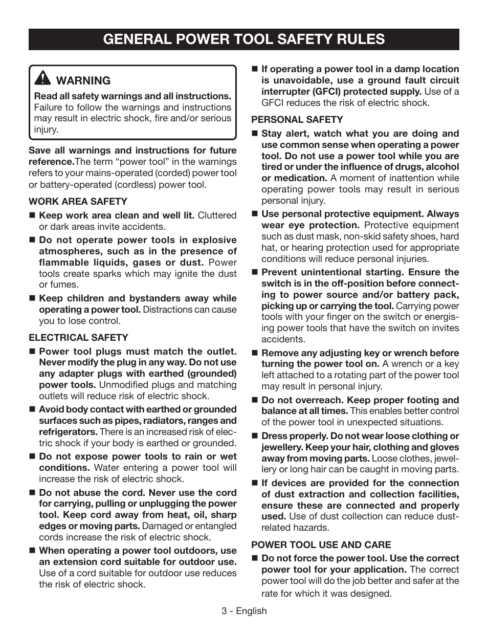 General power tool safety rules | Ryobi RY40500 User Manual | Page 3 / 96