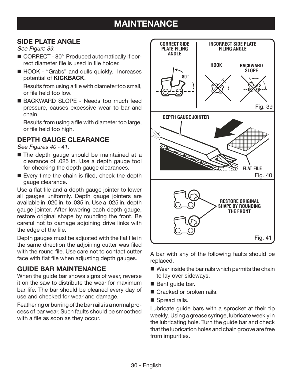 Maintenance, Side plate angle, Depth gauge clearance | Guide bar maintenance | Ryobi RY40500 User Manual | Page 30 / 96