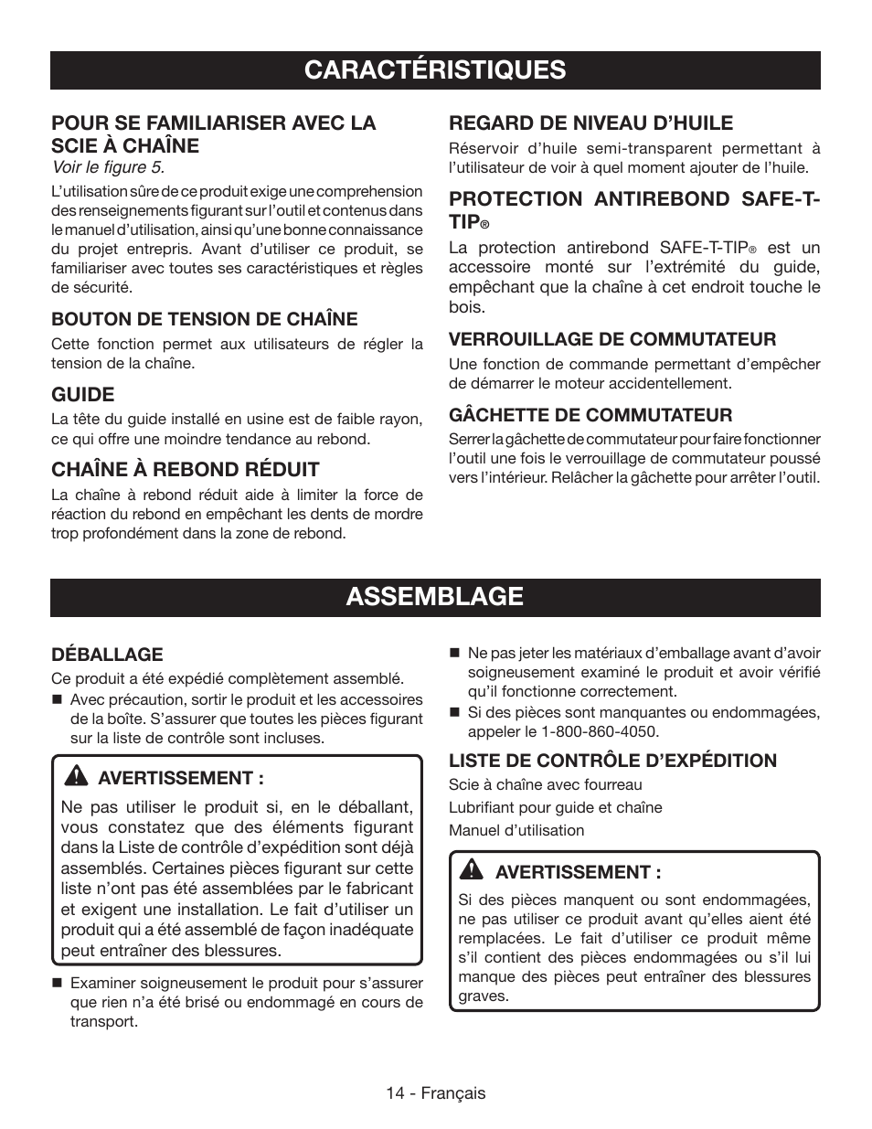 Caractéristiques, Assemblage | Ryobi RY40500 User Manual | Page 45 / 96