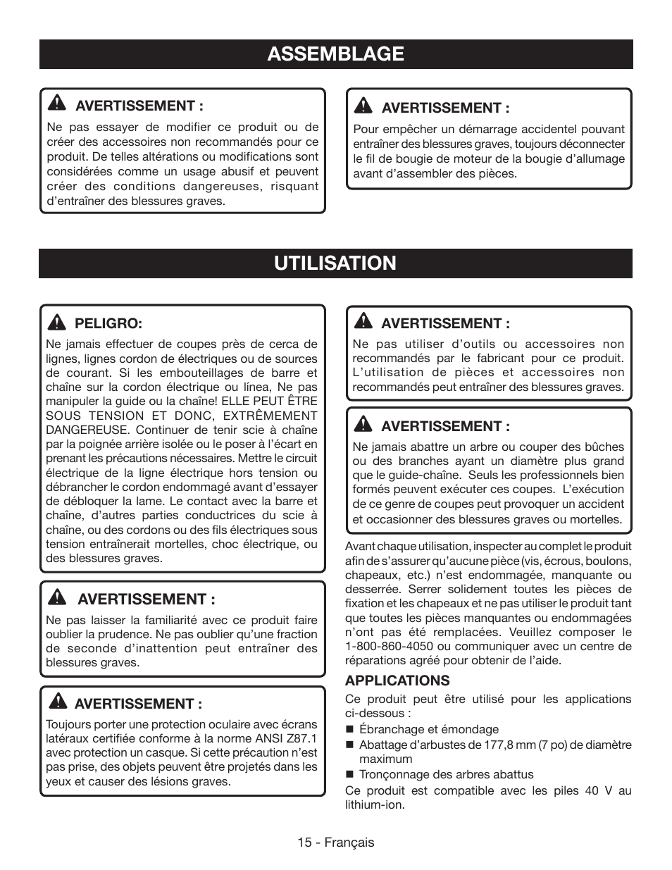 Assemblage, Utilisation | Ryobi RY40500 User Manual | Page 46 / 96
