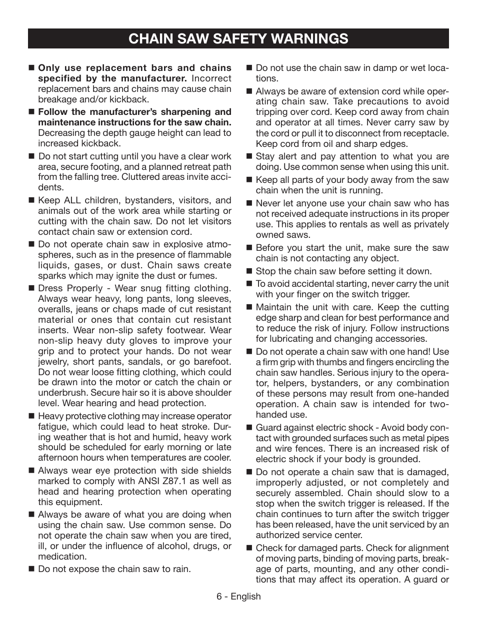 Chain saw safety warnings | Ryobi RY40500 User Manual | Page 6 / 96