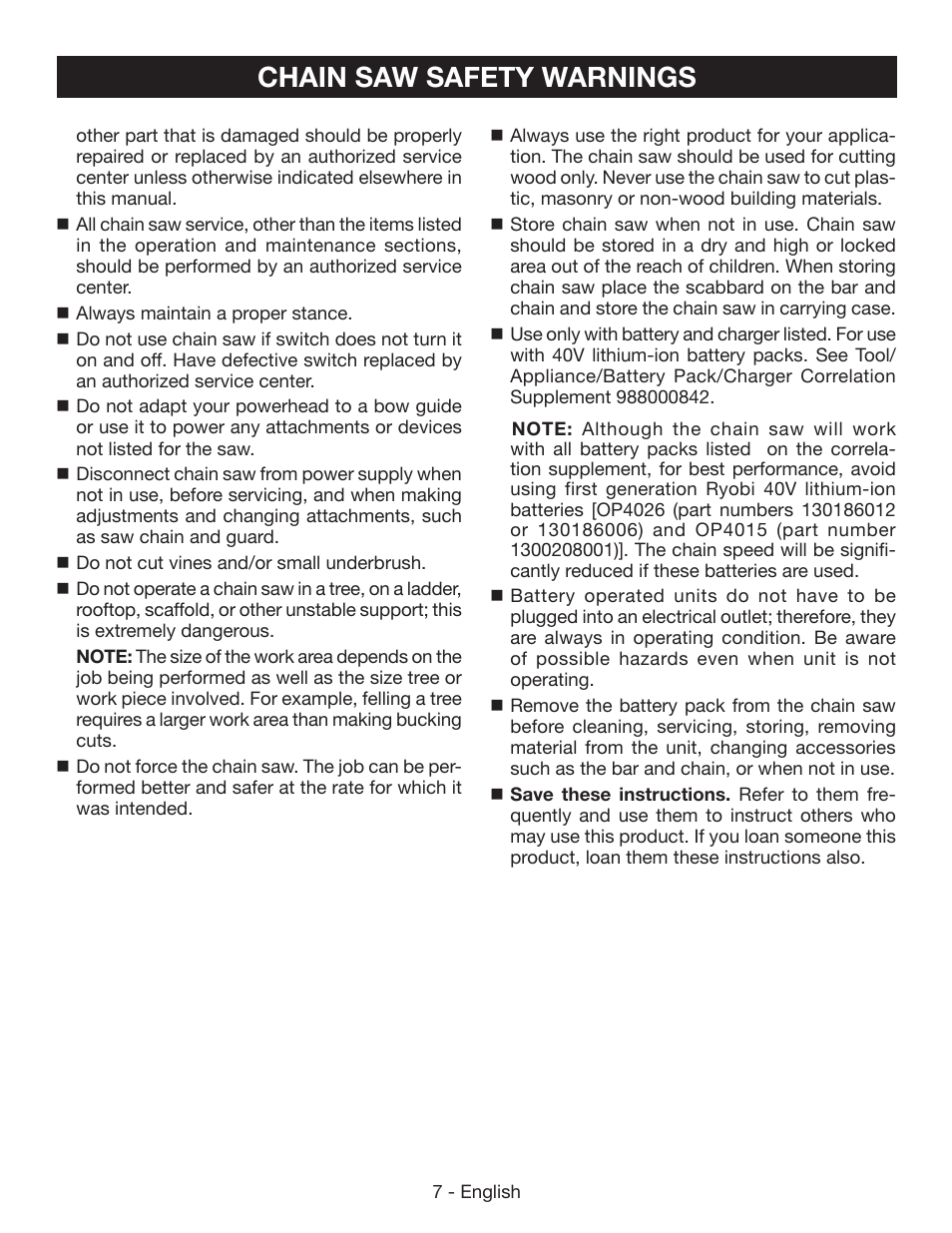 Chain saw safety warnings | Ryobi RY40500 User Manual | Page 7 / 96