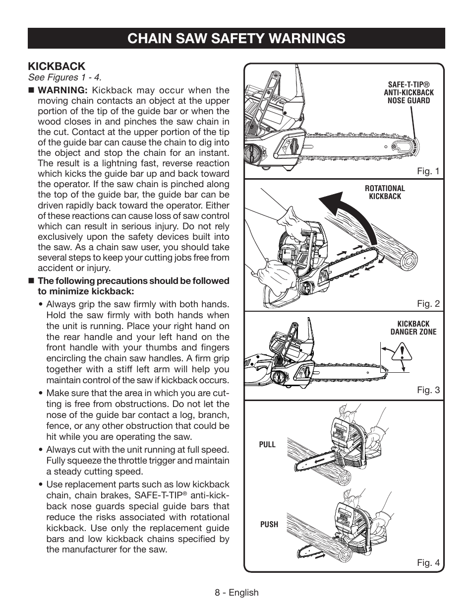 Chain saw safety warnings | Ryobi RY40500 User Manual | Page 8 / 96