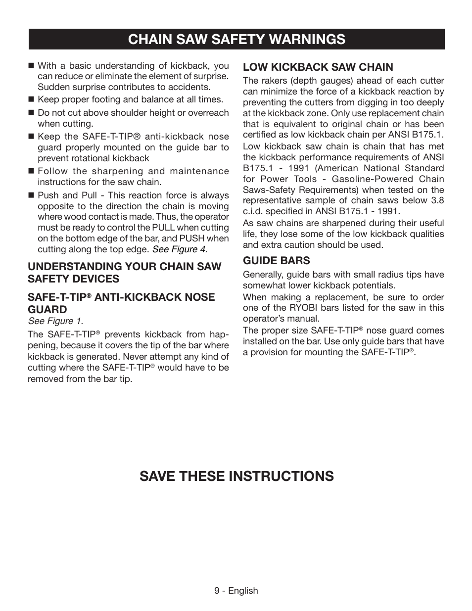 Chain saw safety warnings save these instructions | Ryobi RY40500 User Manual | Page 9 / 96