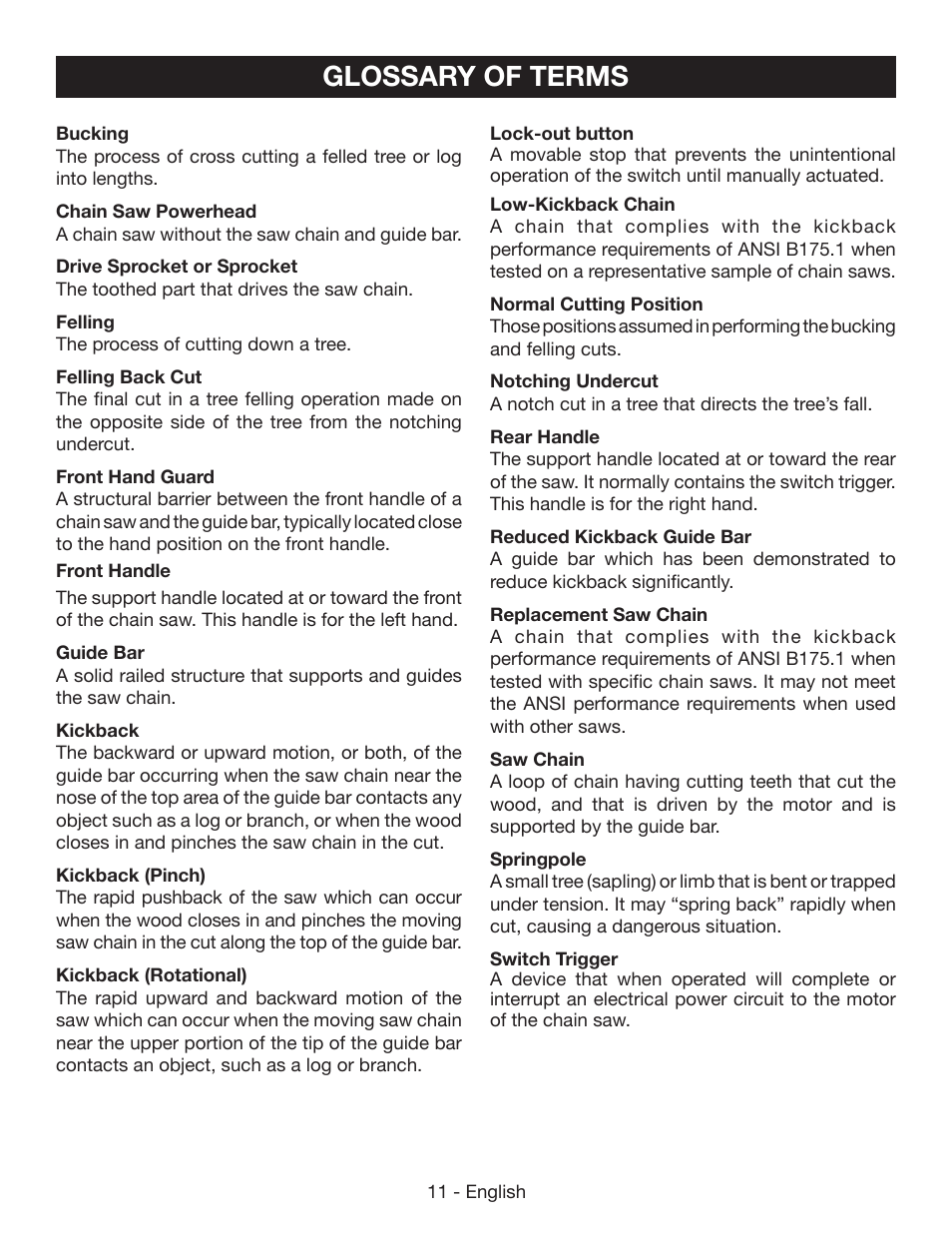 Glossary of terms | Ryobi RY40502 User Manual | Page 11 / 92