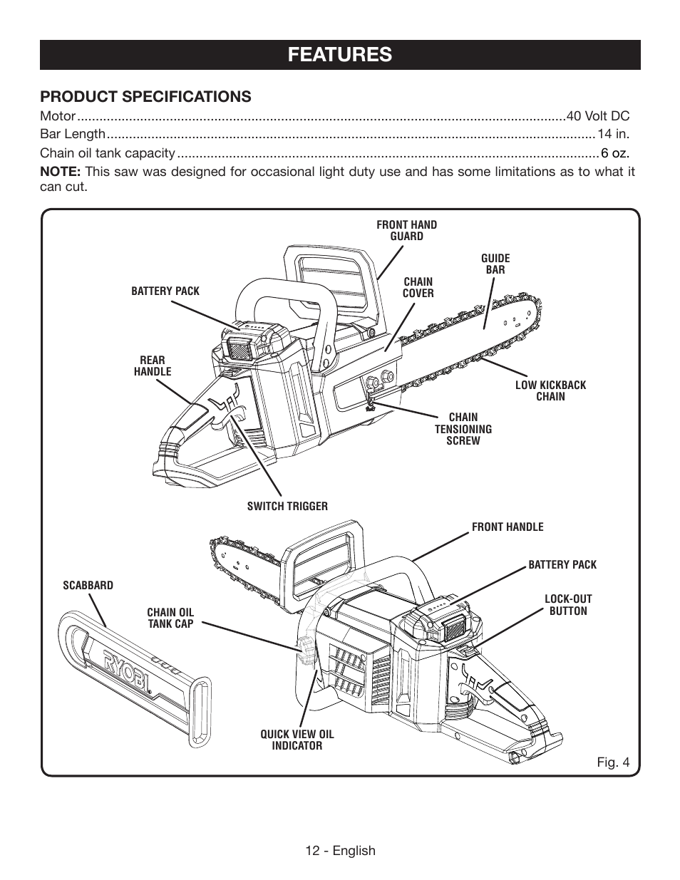 Features, Product specifications | Ryobi RY40502 User Manual | Page 12 / 92