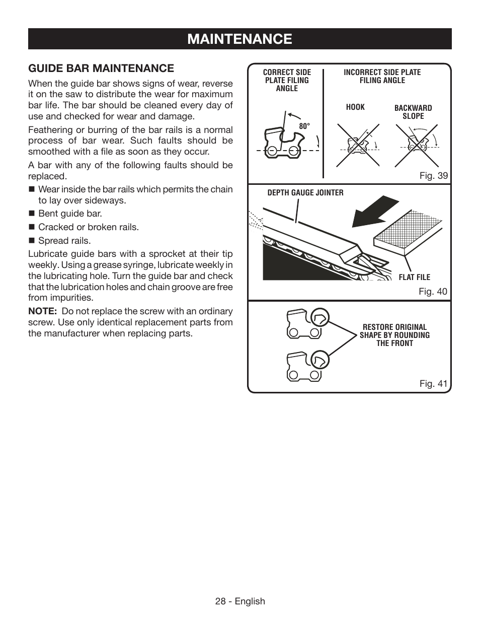 Maintenance, Guide bar maintenance | Ryobi RY40502 User Manual | Page 28 / 92