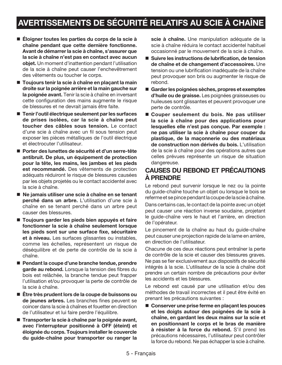 Causes du rebond et précautions à prendre | Ryobi RY40502 User Manual | Page 34 / 92