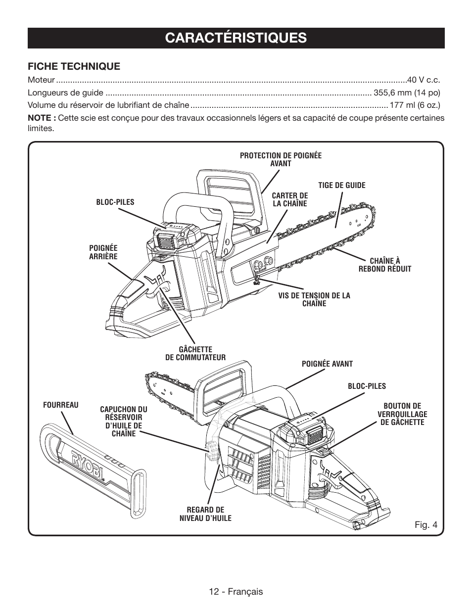 Caractéristiques, Fiche technique | Ryobi RY40502 User Manual | Page 41 / 92