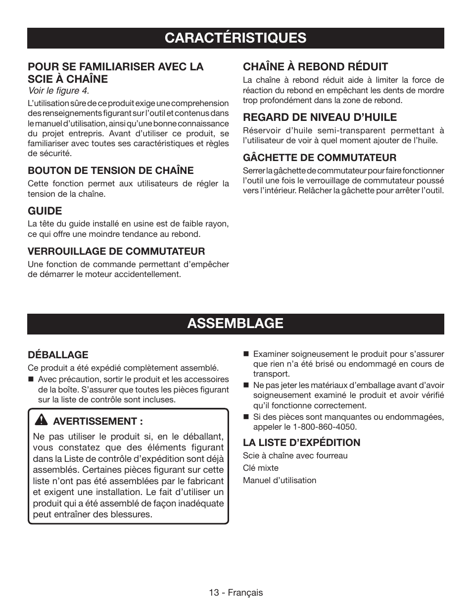 Caractéristiques, Assemblage | Ryobi RY40502 User Manual | Page 42 / 92