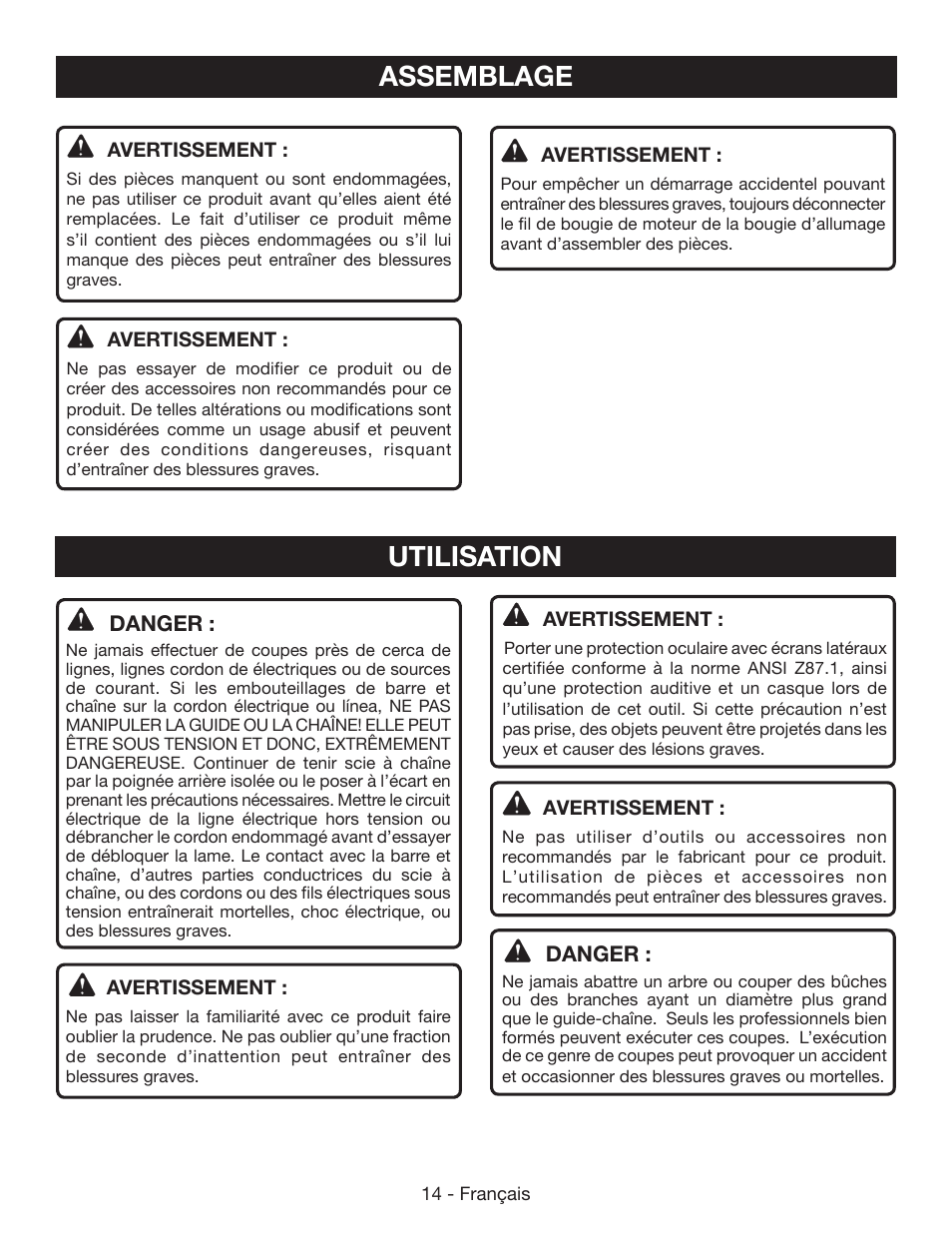 Assemblage, Utilisation | Ryobi RY40502 User Manual | Page 43 / 92