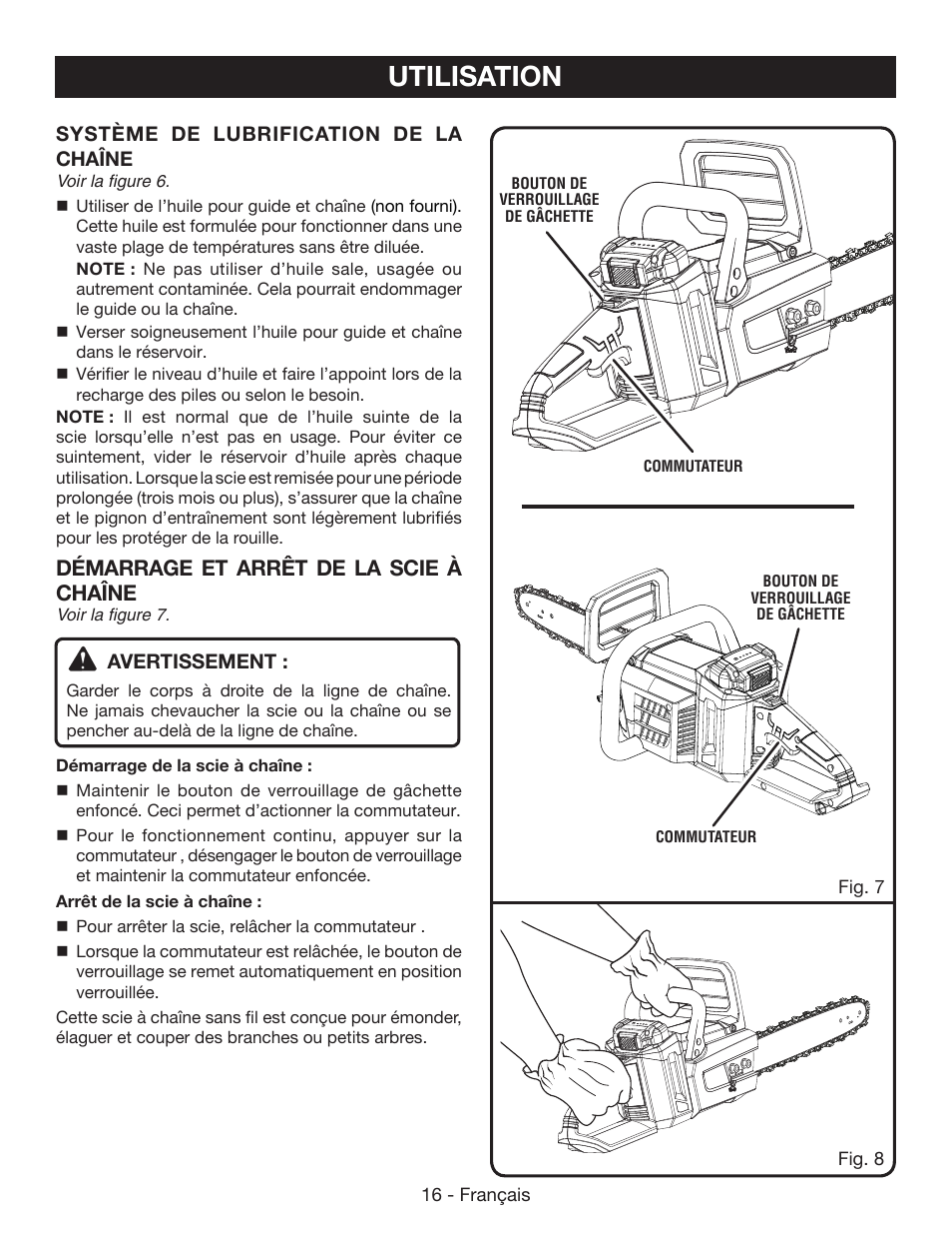 Utilisation, Démarrage et arrêt de la scie à chaîne | Ryobi RY40502 User Manual | Page 45 / 92