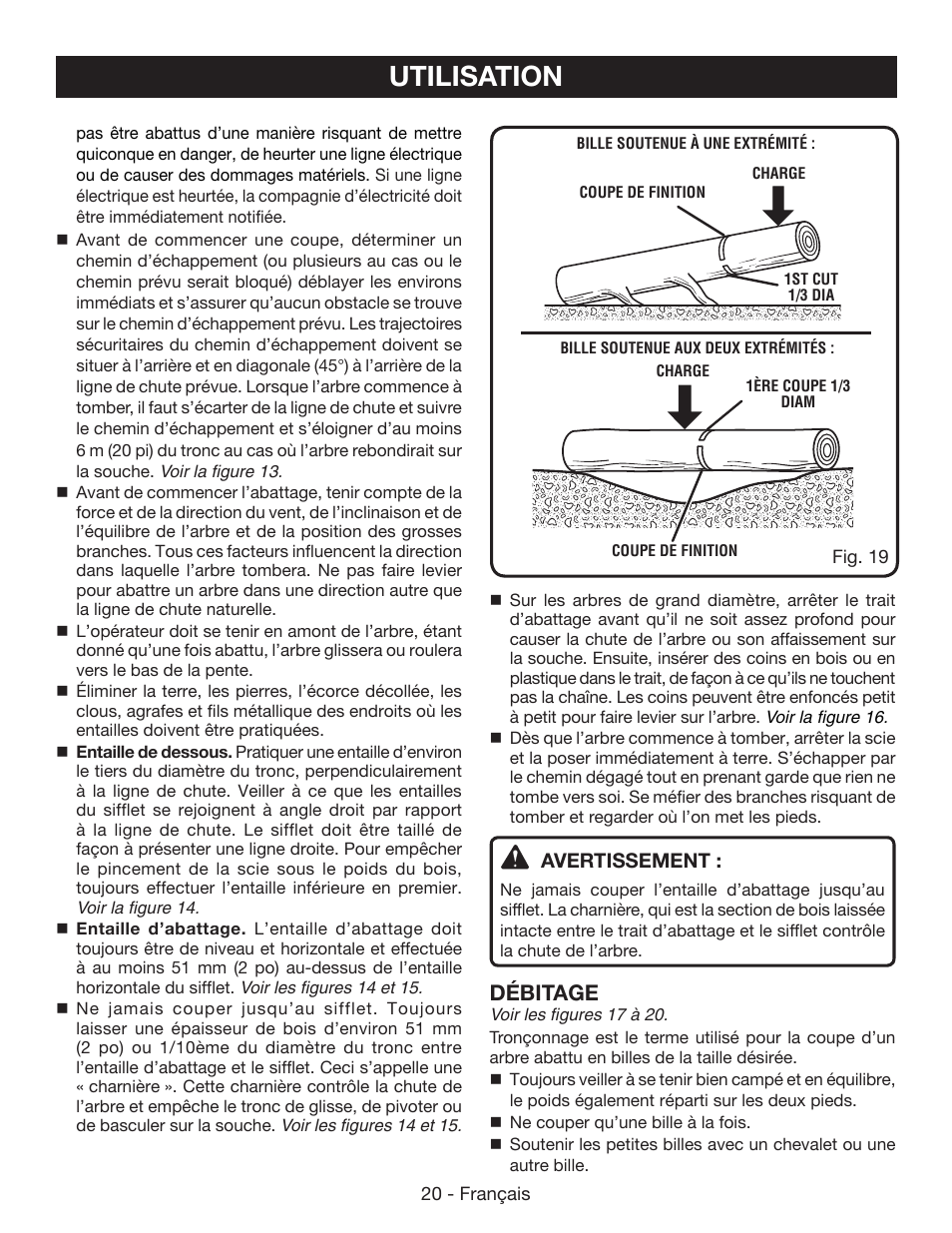 Utilisation, Débitage | Ryobi RY40502 User Manual | Page 49 / 92